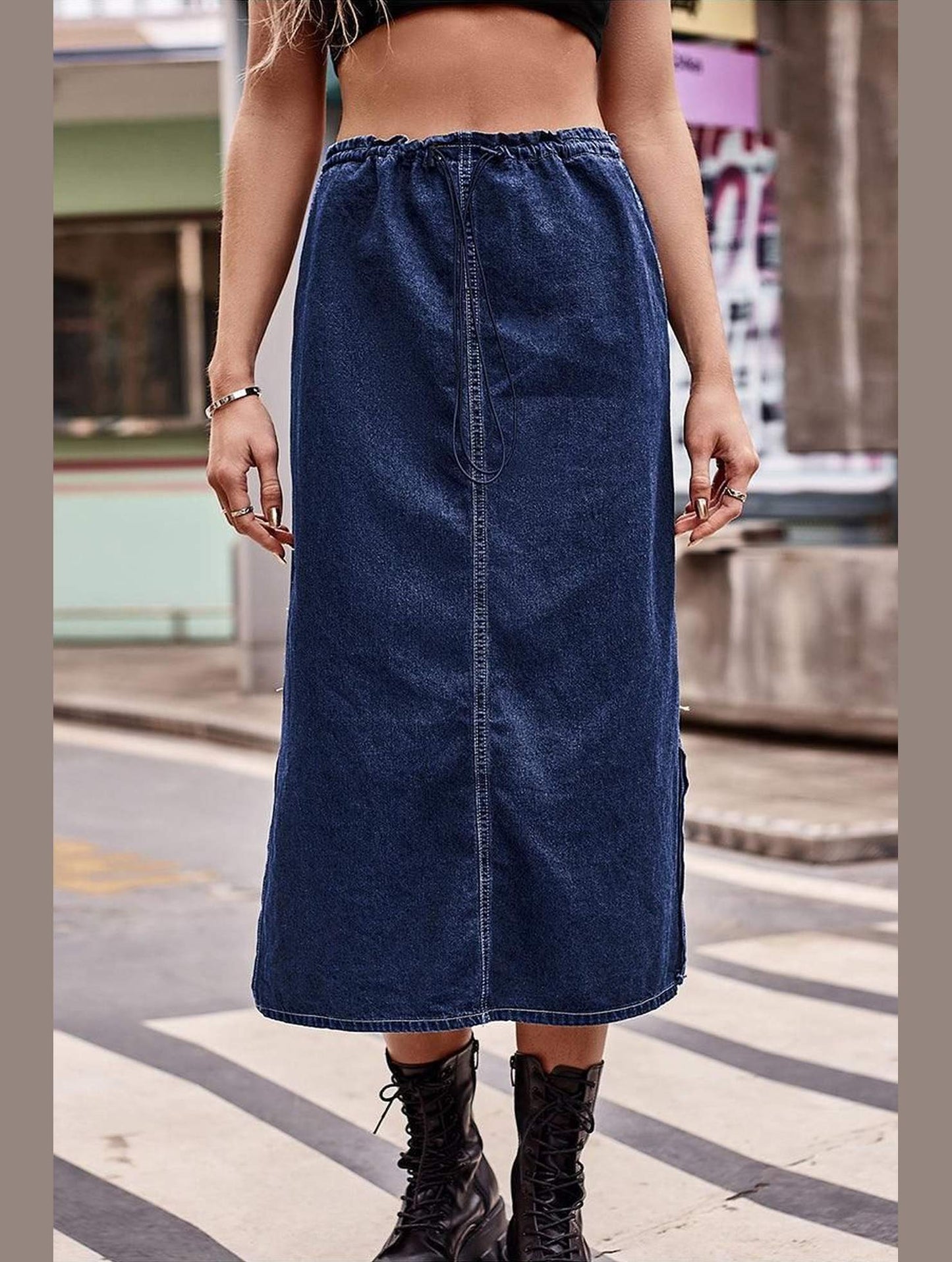 SIDE SLIT CASUAL DENIM MIDI SKIRT - Doublju