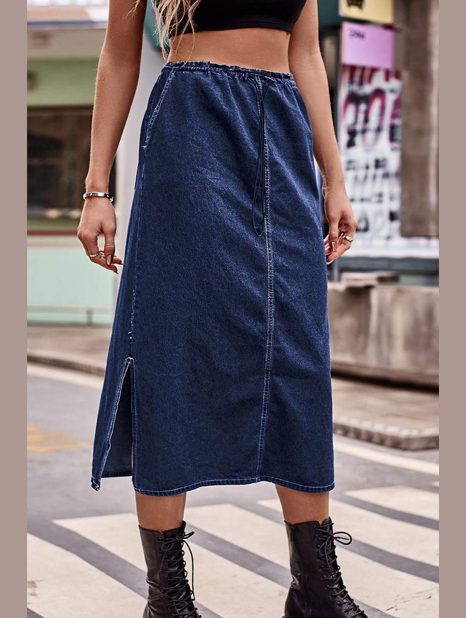 SIDE SLIT CASUAL DENIM MIDI SKIRT - Doublju
