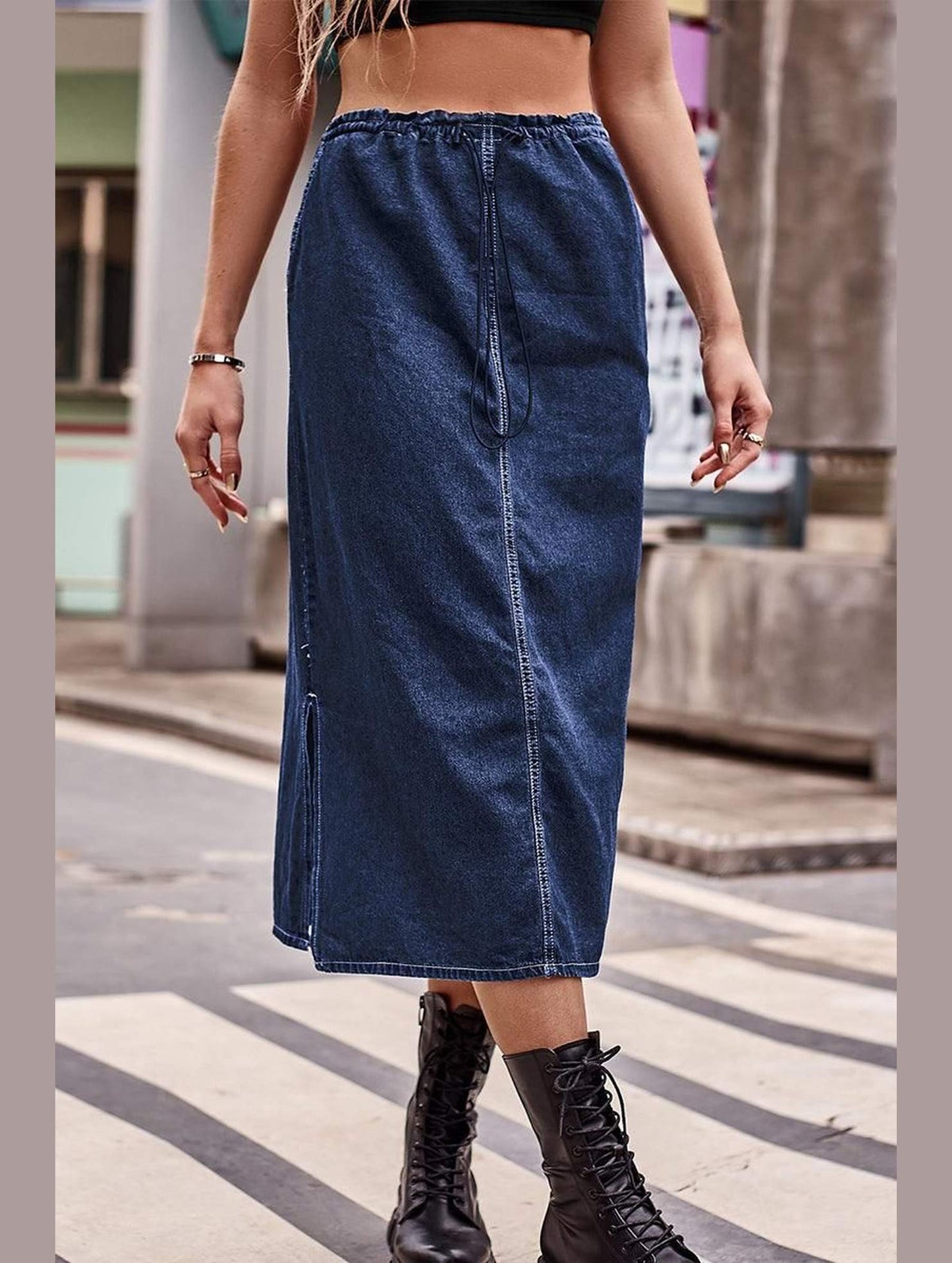 SIDE SLIT CASUAL DENIM MIDI SKIRT - Doublju