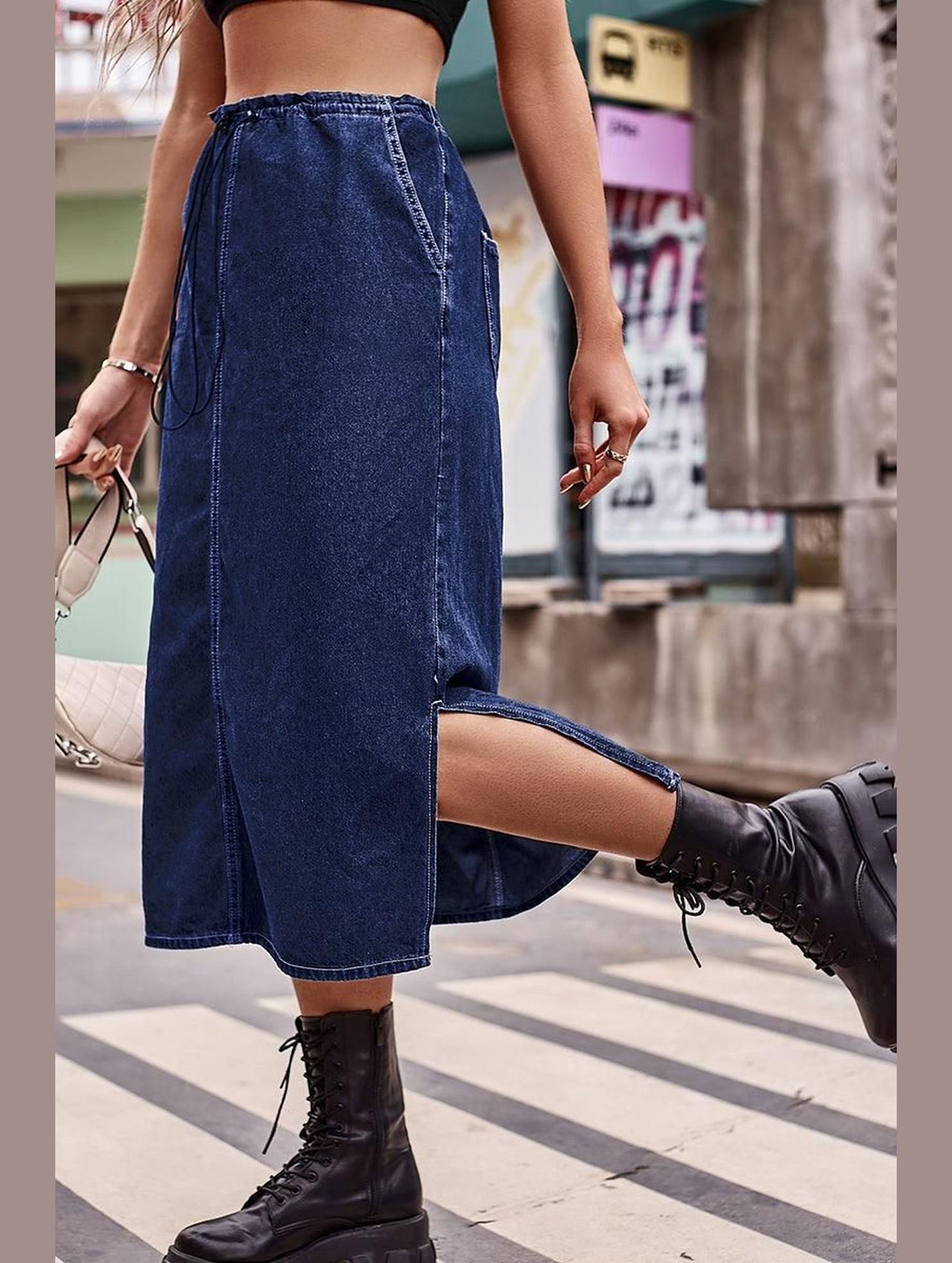 SIDE SLIT CASUAL DENIM MIDI SKIRT - Doublju