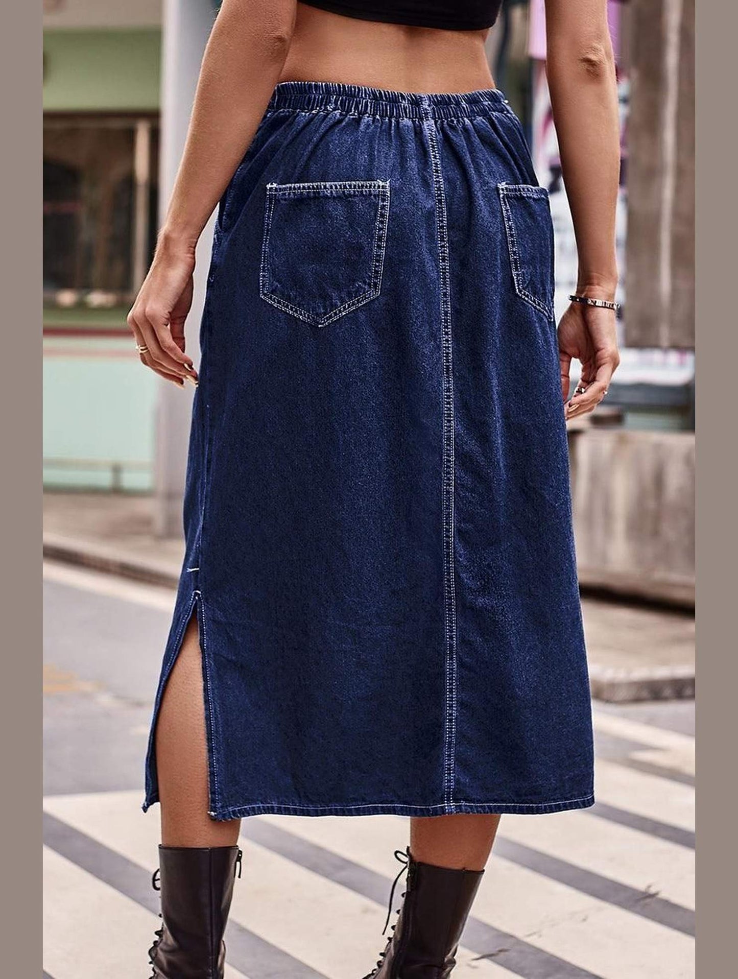 SIDE SLIT CASUAL DENIM MIDI SKIRT - Doublju