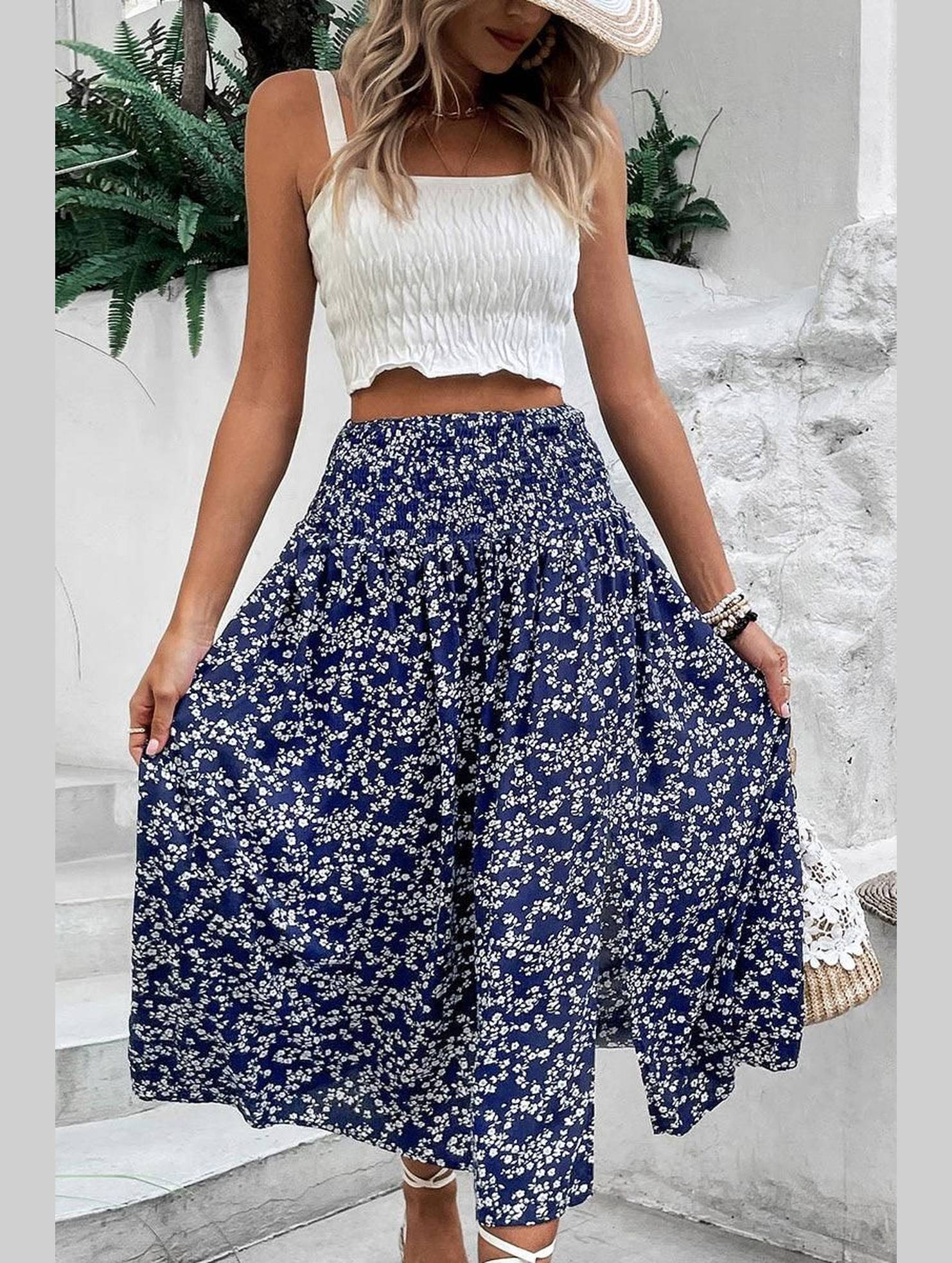 HIGH WAIST FLORAL PRINTING WOMEN SKIRT - Doublju
