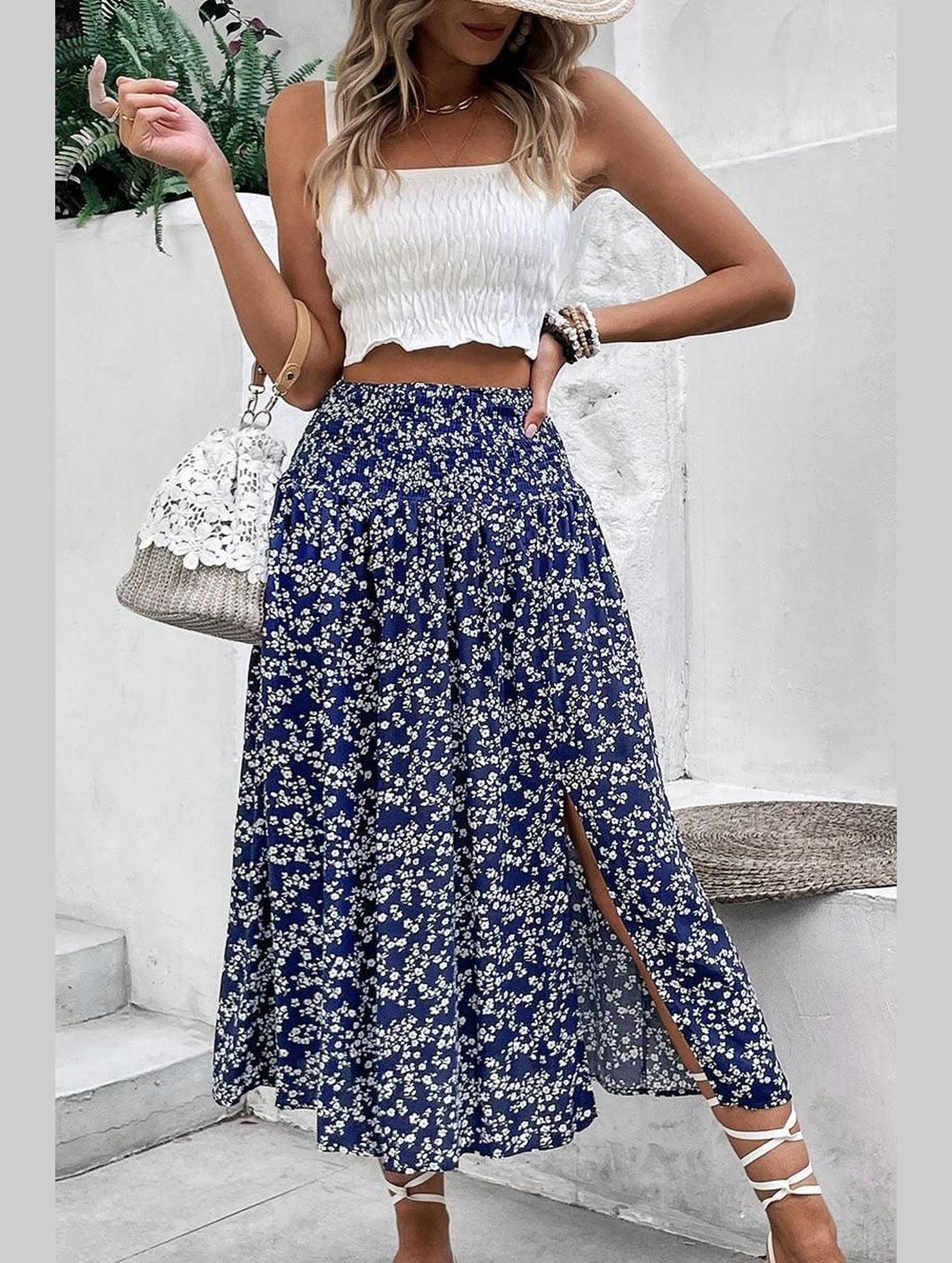 HIGH WAIST FLORAL PRINTING WOMEN SKIRT - Doublju