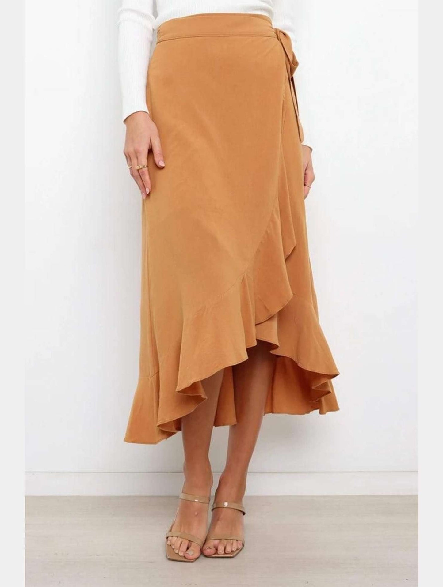 TRENDY WOMEN RUFFLED EDGING LACE UP SKIRT - Doublju