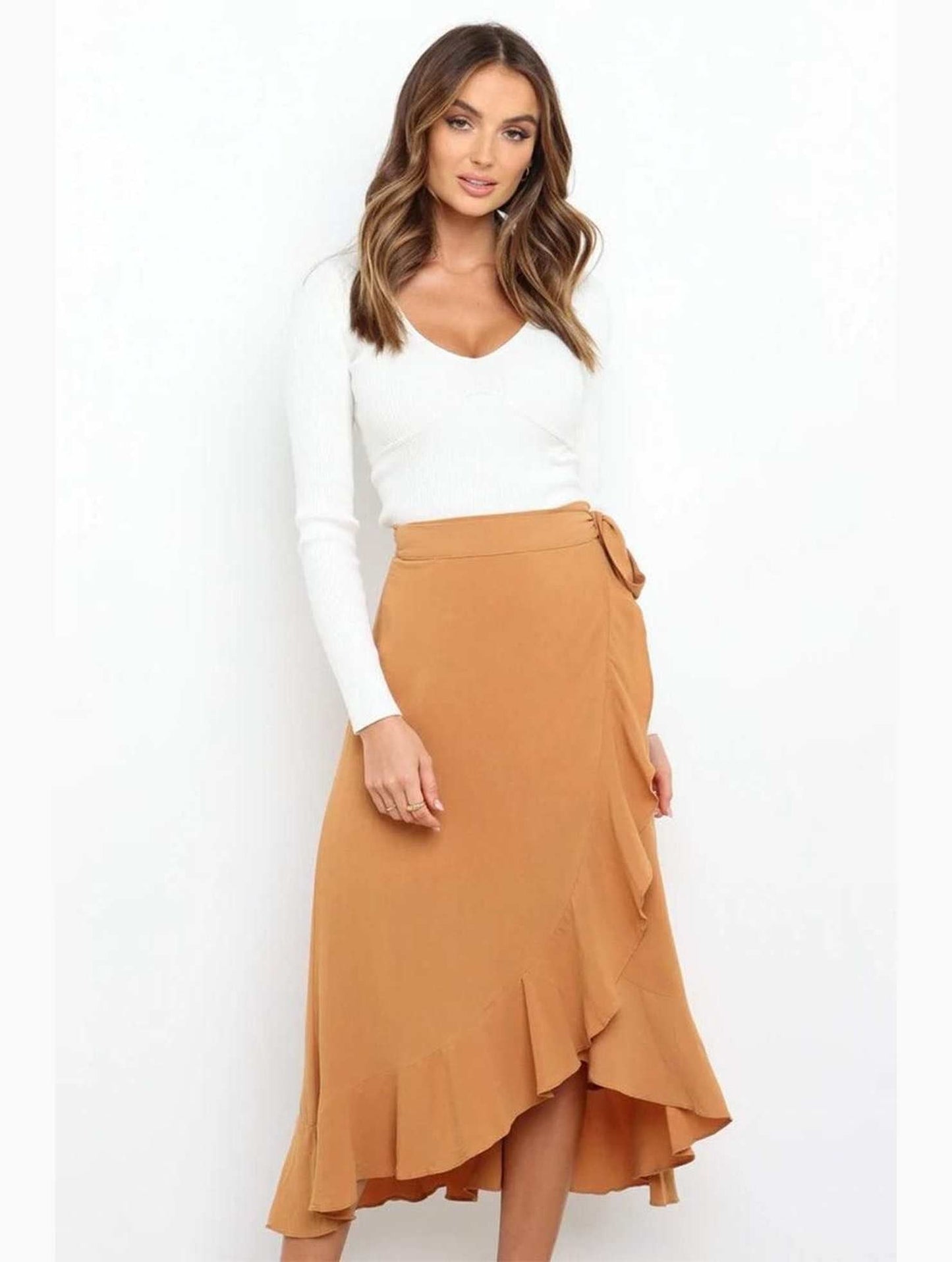 TRENDY WOMEN RUFFLED EDGING LACE UP SKIRT - Doublju