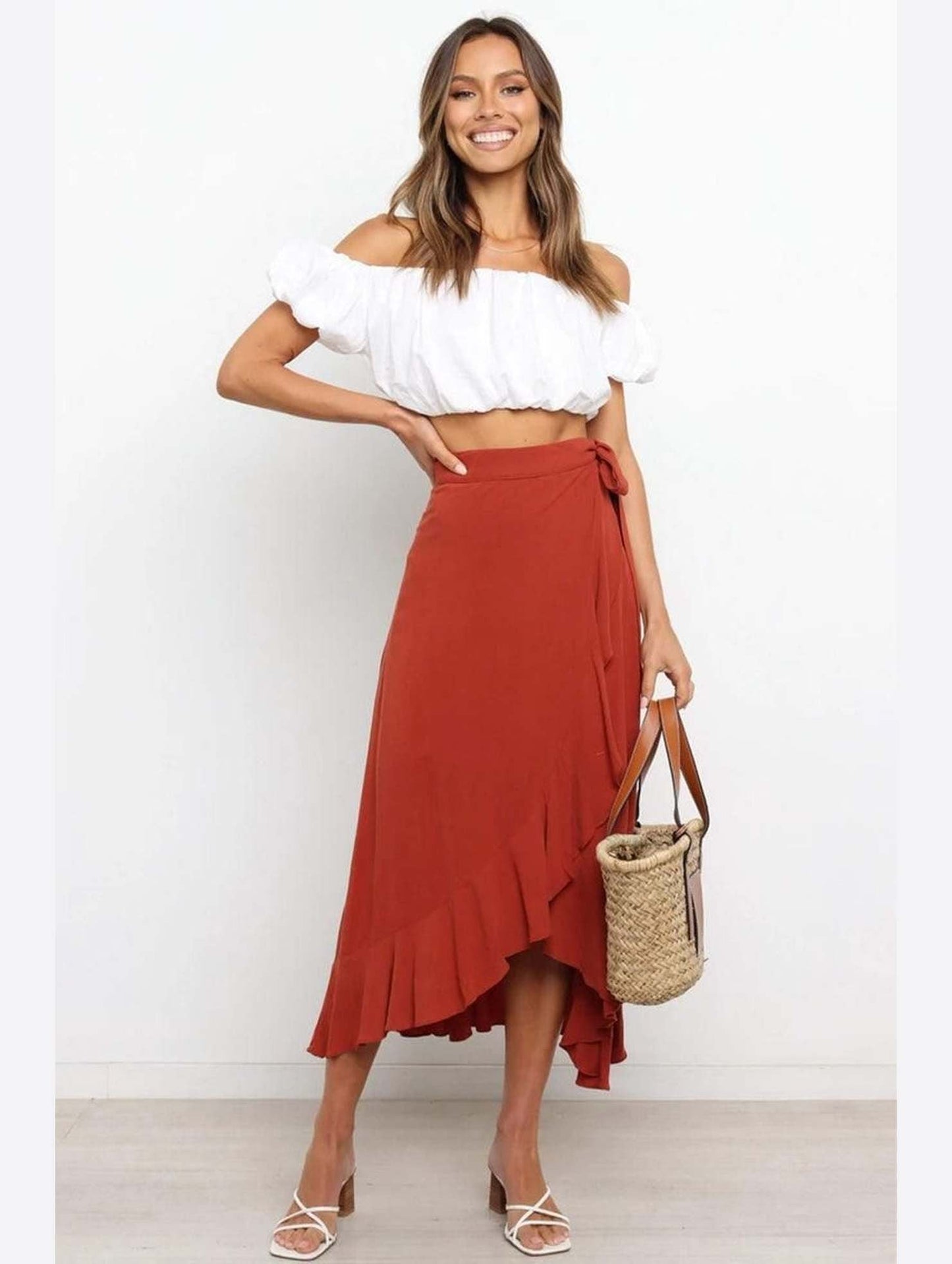 TRENDY WOMEN RUFFLED EDGING LACE UP SKIRT - Doublju