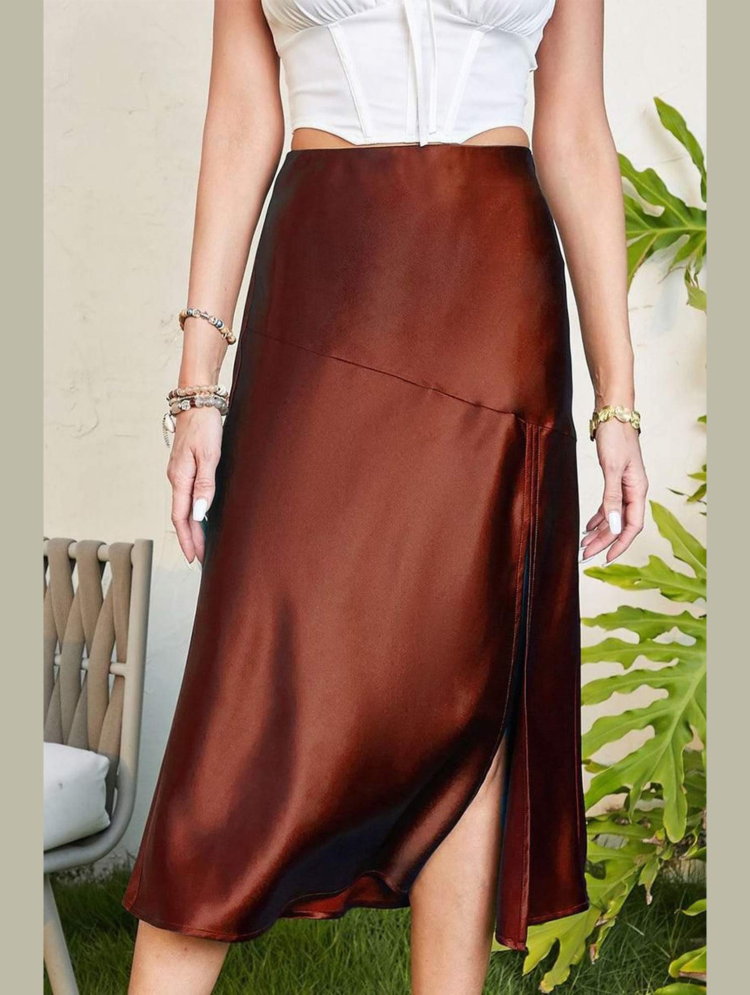 SILKY SATIN ELASTIC WAIST A LINE SKIRT WITH SLIT - Doublju