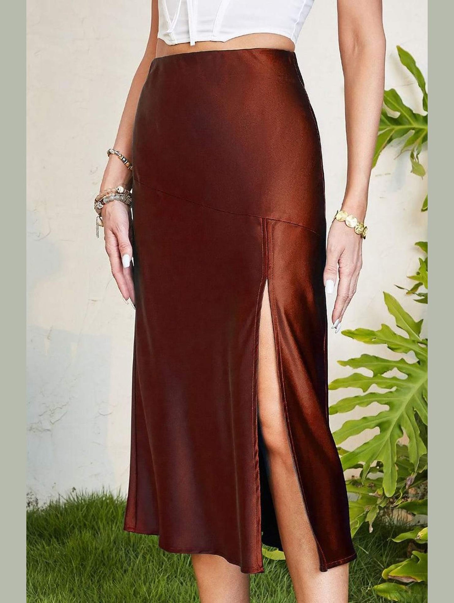 SILKY SATIN ELASTIC WAIST A LINE SKIRT WITH SLIT - Doublju