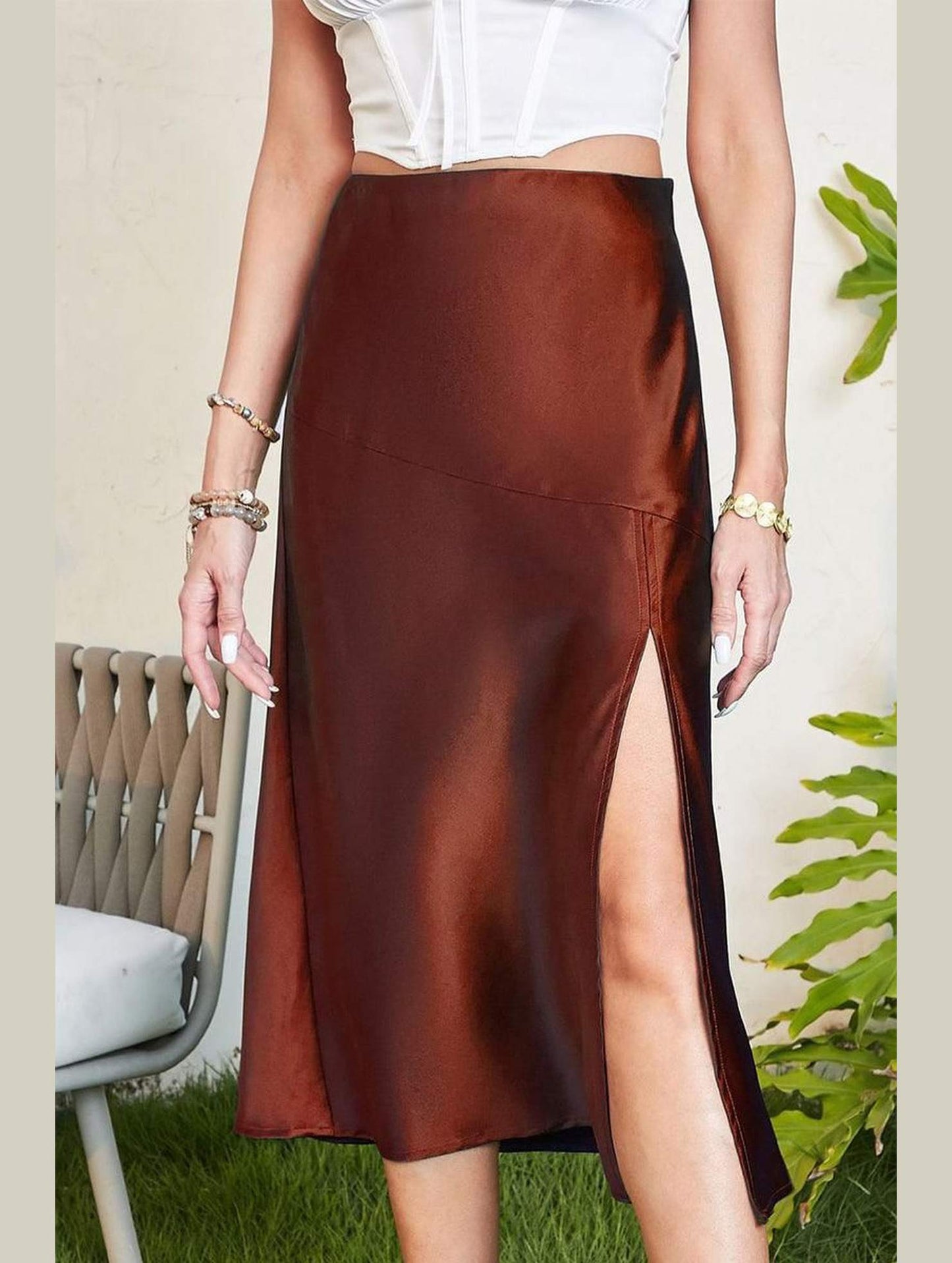 SILKY SATIN ELASTIC WAIST A LINE SKIRT WITH SLIT - Doublju