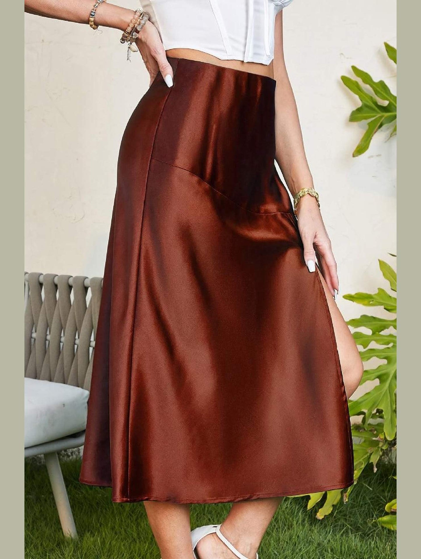 SILKY SATIN ELASTIC WAIST A LINE SKIRT WITH SLIT - Doublju