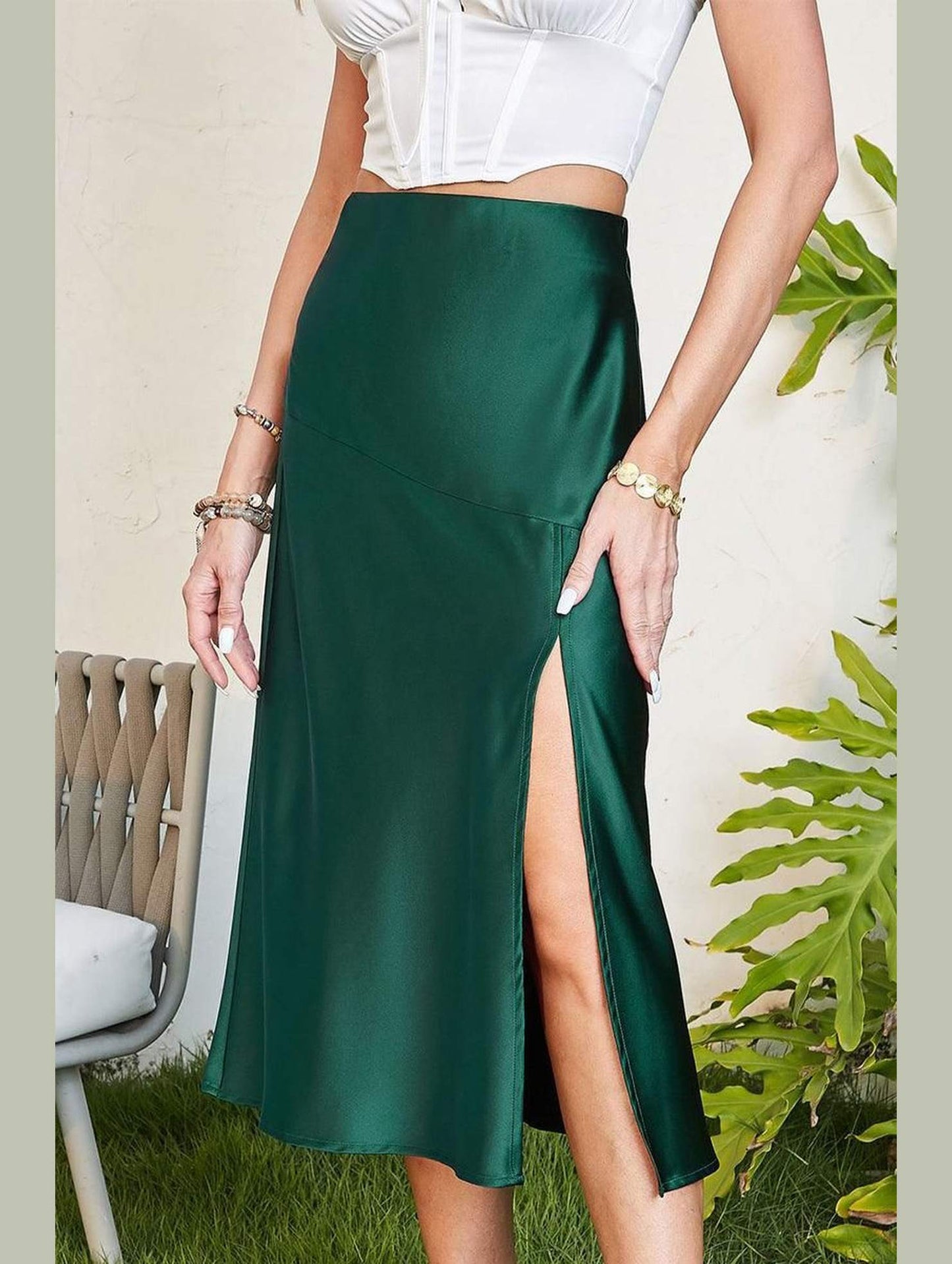 SILKY SATIN ELASTIC WAIST A LINE SKIRT WITH SLIT - Doublju