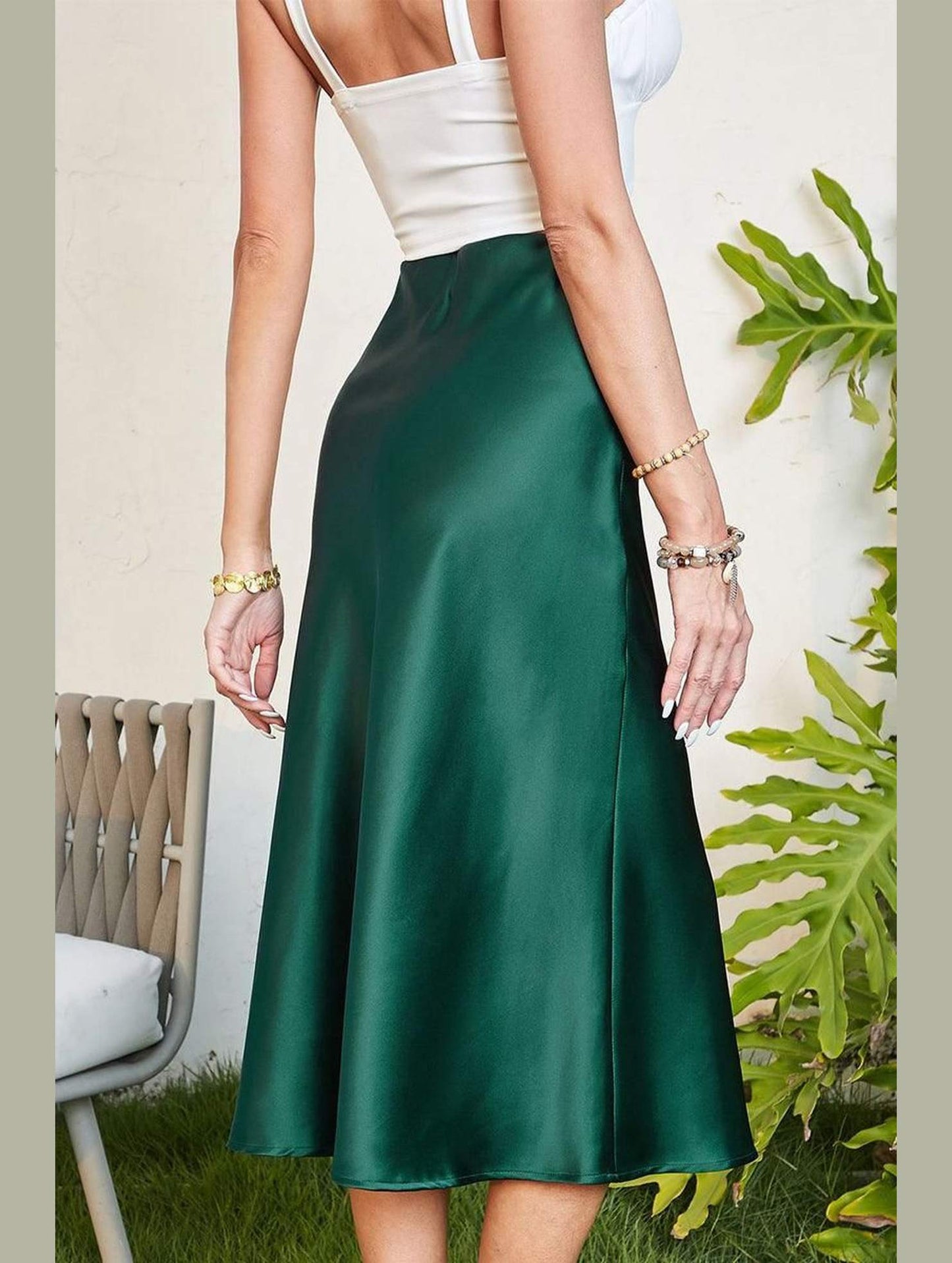 SILKY SATIN ELASTIC WAIST A LINE SKIRT WITH SLIT - Doublju