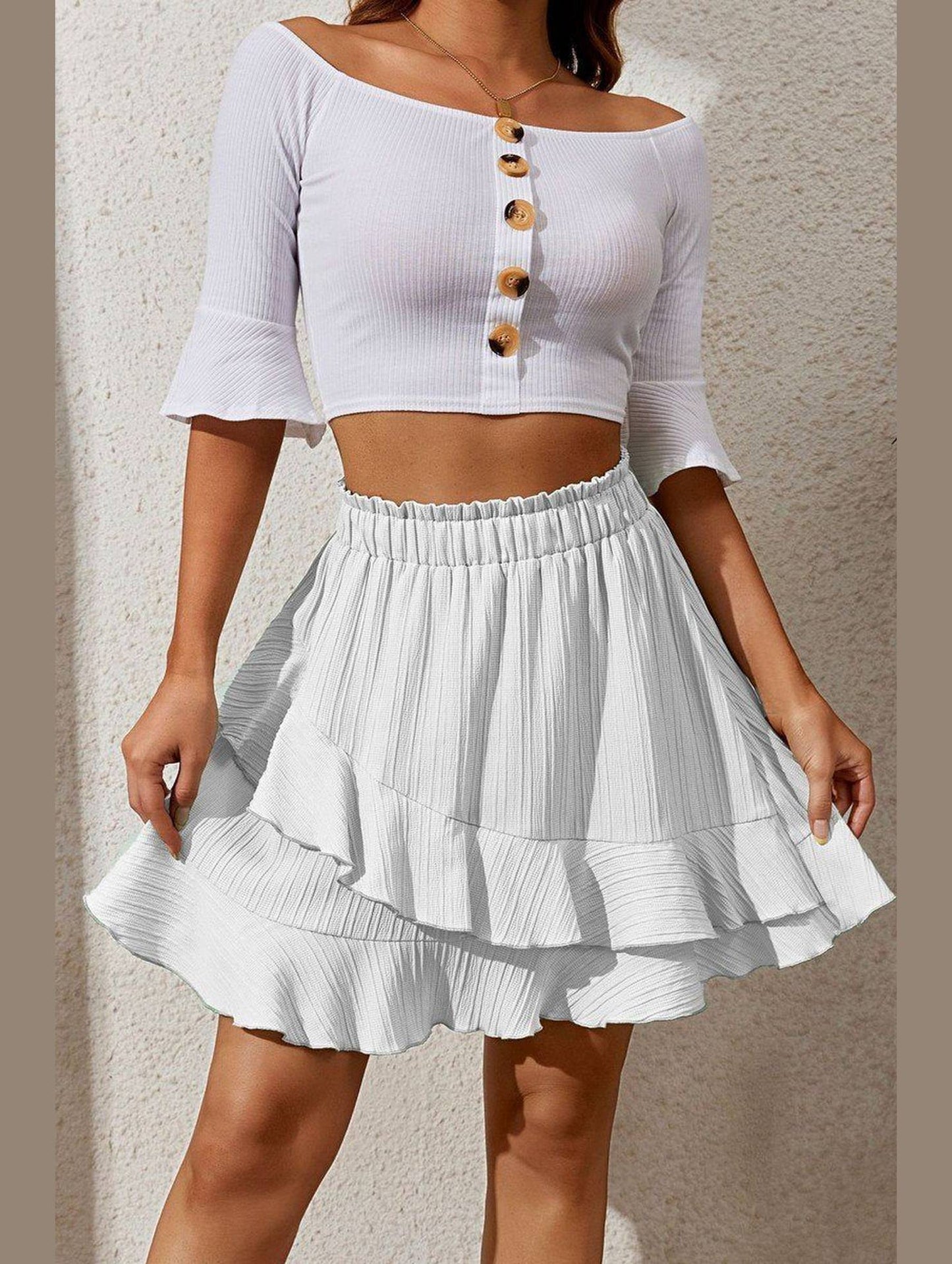 WOMEN RUFFLED HIGH ELASTIC WAIST SHORT SKIRT