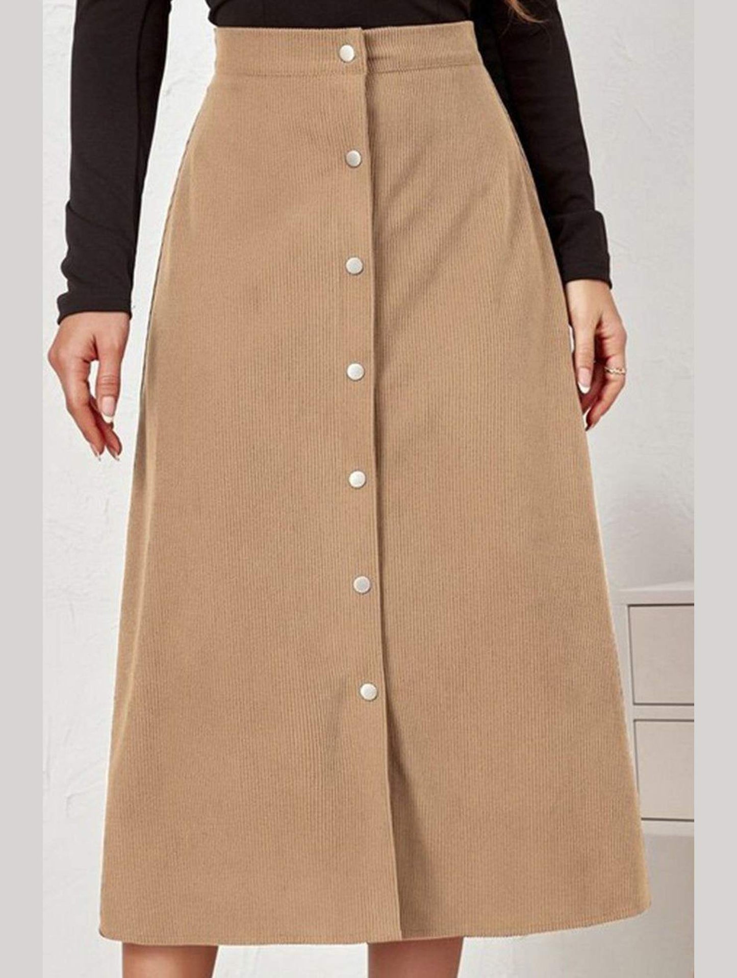 WOMEN FRONT BUTTON UP CORDUROY A LINE MIDI SKIRT