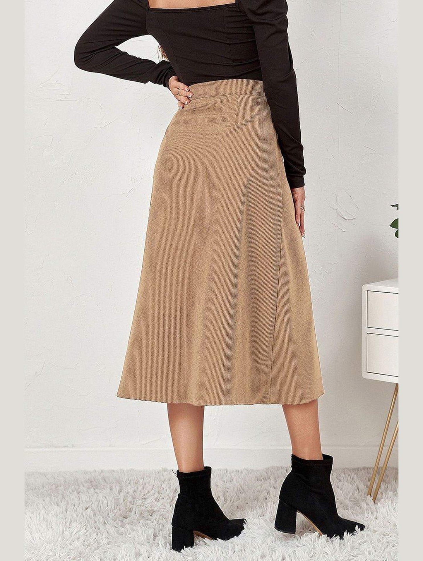 WOMEN FRONT BUTTON UP CORDUROY A LINE MIDI SKIRT