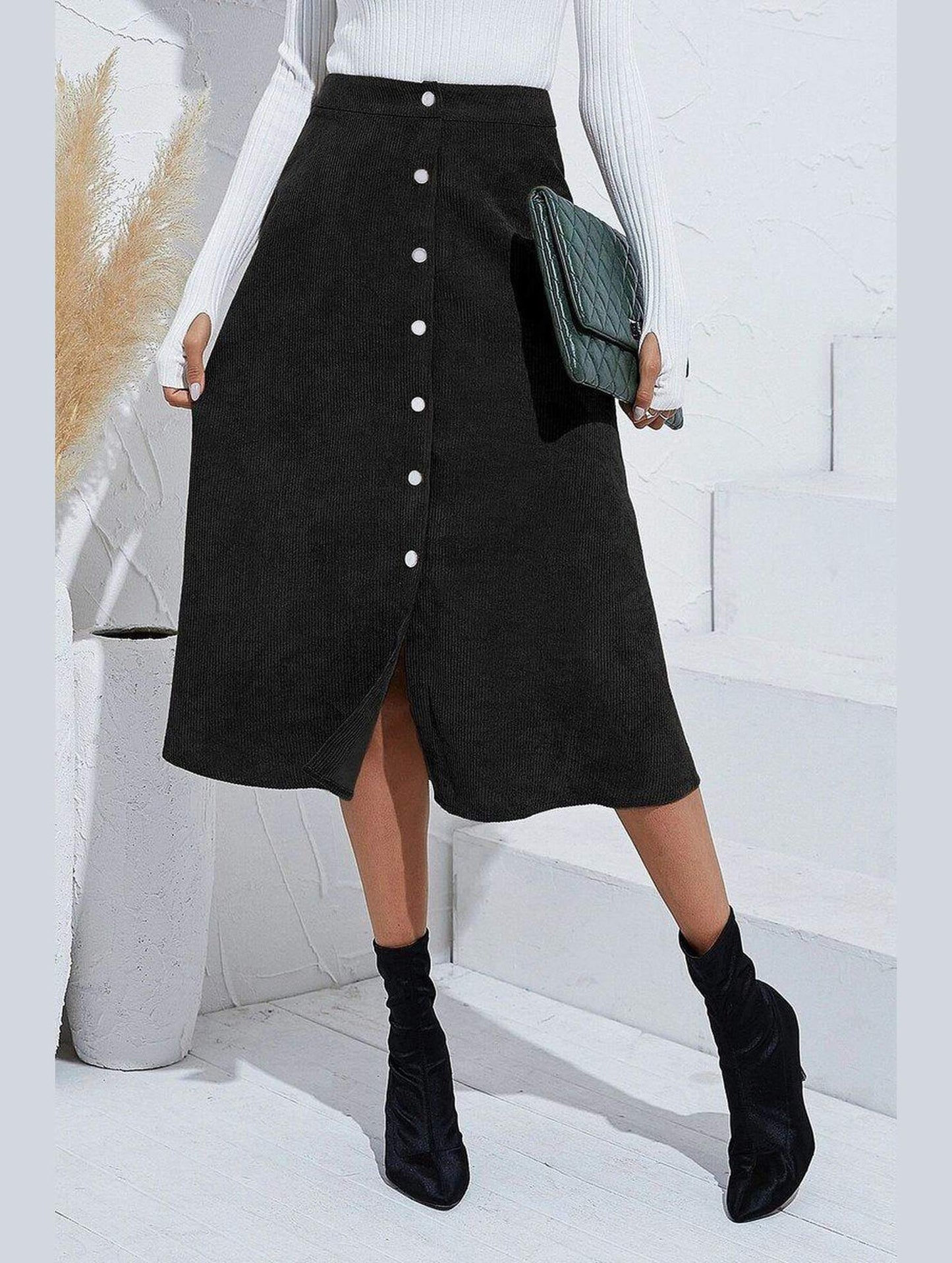 WOMEN FRONT BUTTON UP CORDUROY A LINE MIDI SKIRT