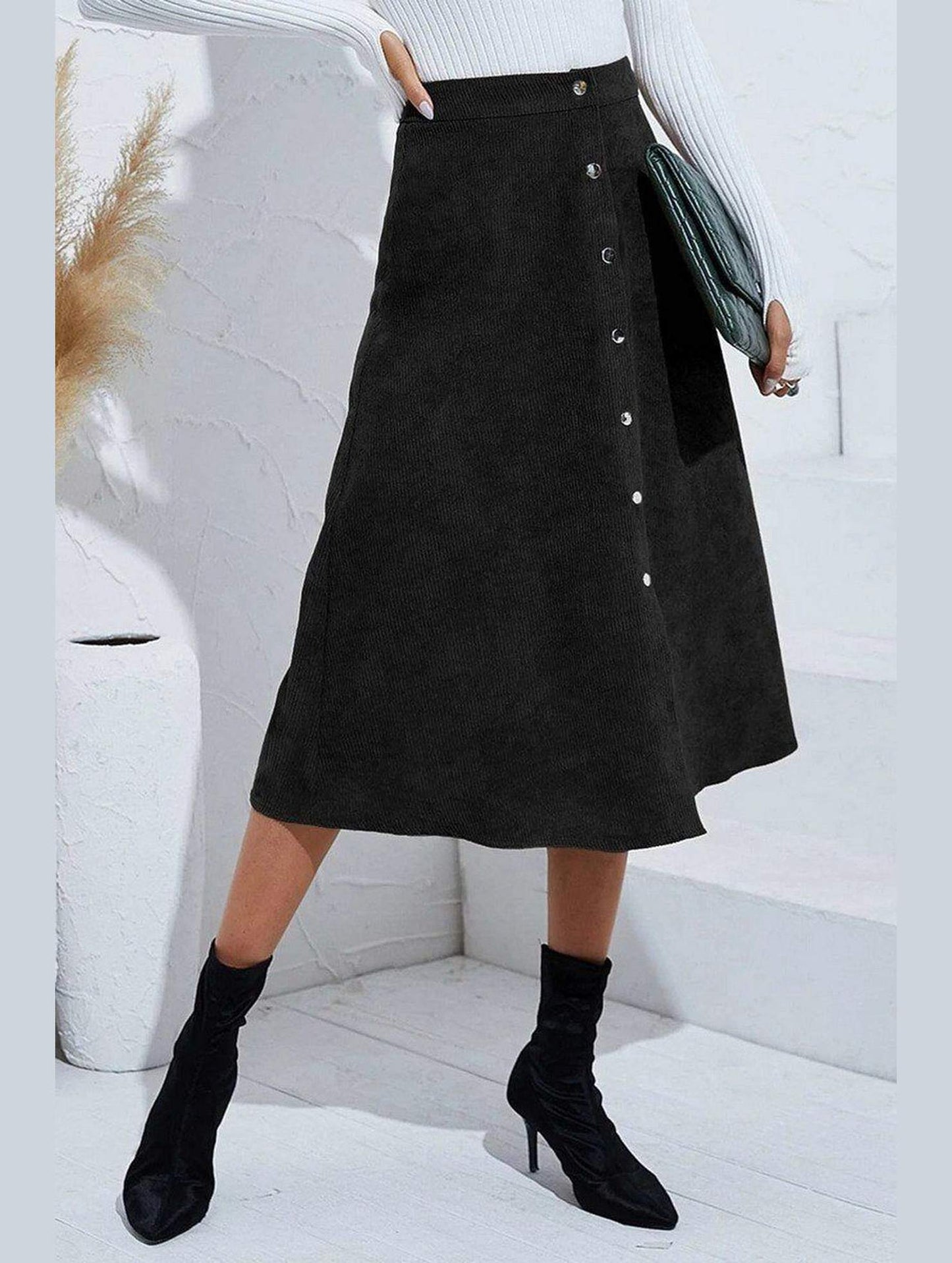 WOMEN FRONT BUTTON UP CORDUROY A LINE MIDI SKIRT