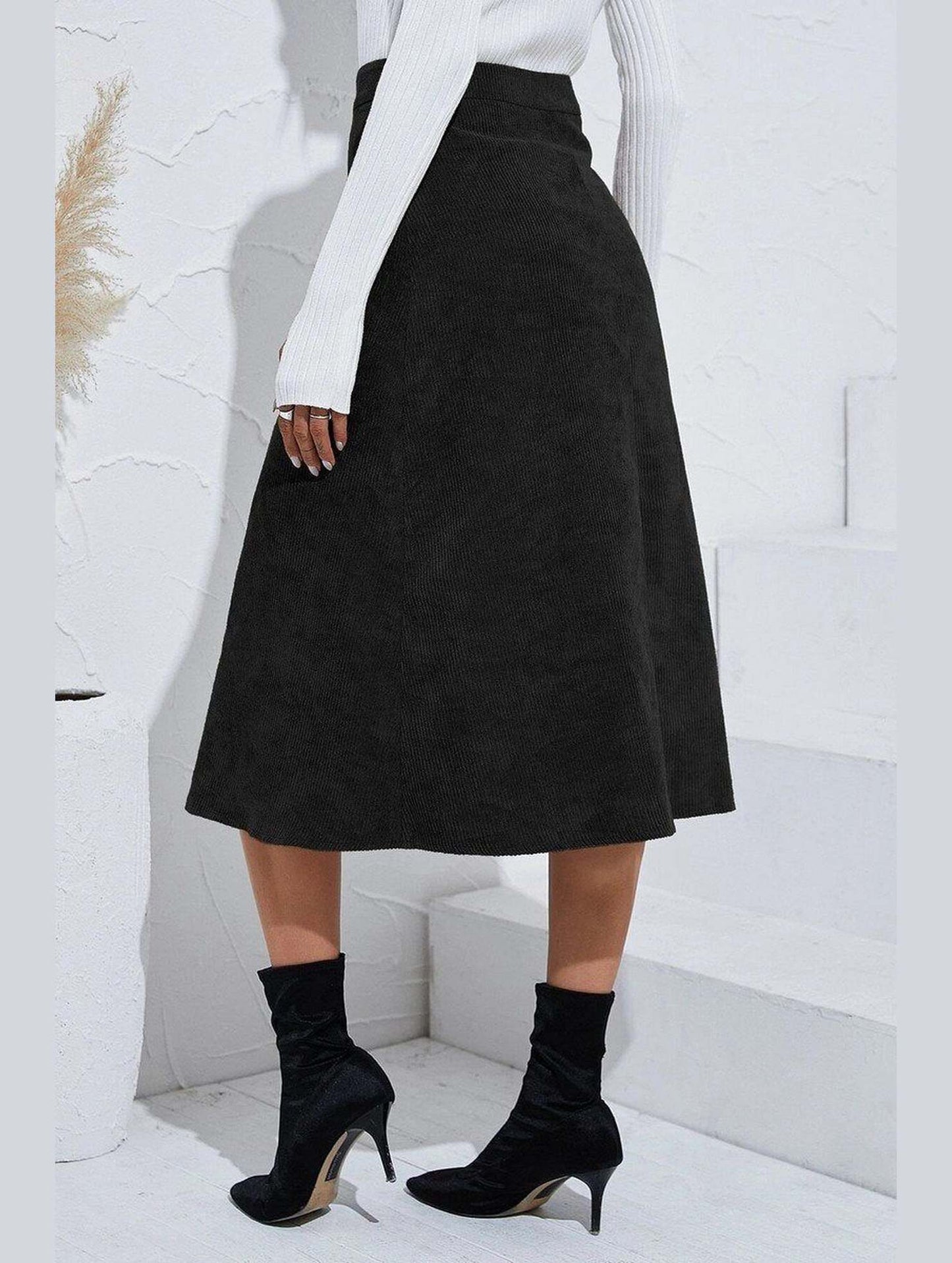 WOMEN FRONT BUTTON UP CORDUROY A LINE MIDI SKIRT