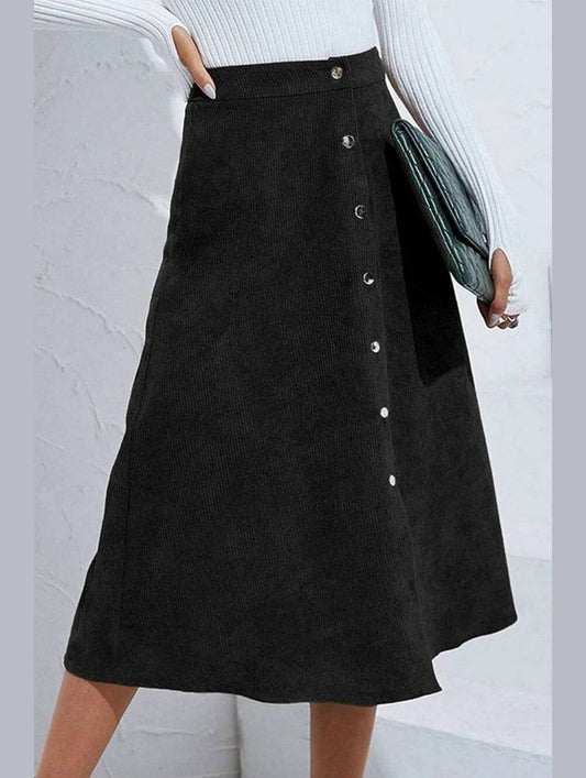 WOMEN FRONT BUTTON UP CORDUROY A LINE MIDI SKIRT
