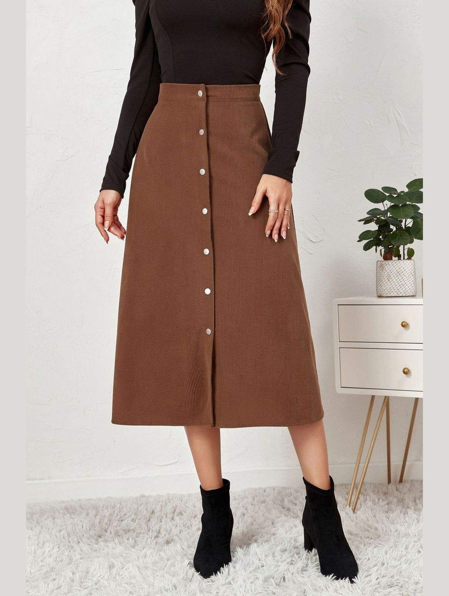 WOMEN FRONT BUTTON UP CORDUROY A LINE MIDI SKIRT