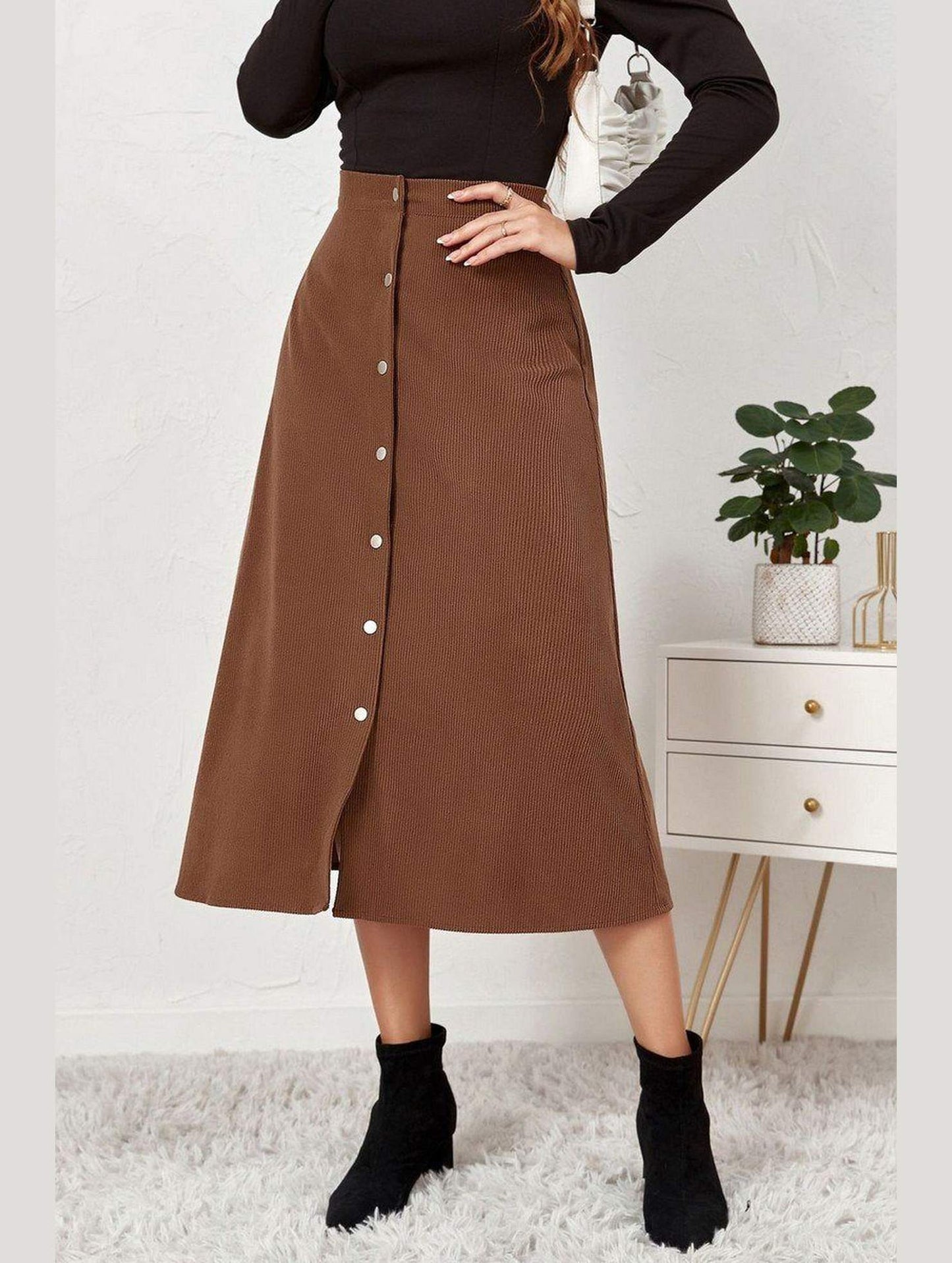 WOMEN FRONT BUTTON UP CORDUROY A LINE MIDI SKIRT