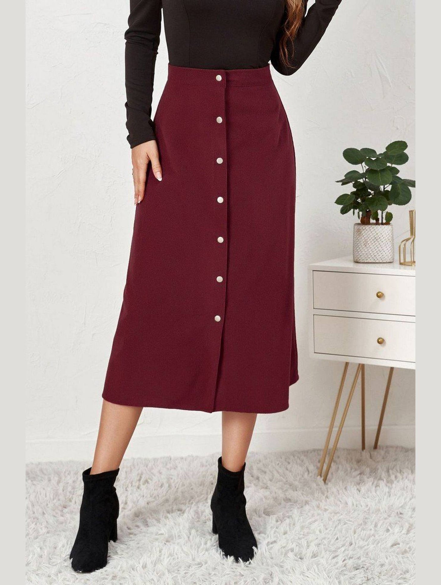 WOMEN FRONT BUTTON UP CORDUROY A LINE MIDI SKIRT