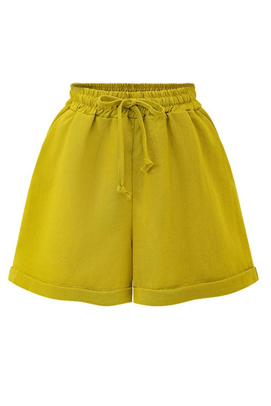 DRAWSTRING WAIST ROLLED SHORTS - Doublju