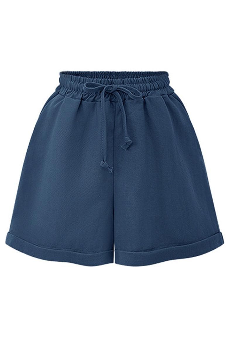 DRAWSTRING WAIST ROLLED SHORTS - Doublju