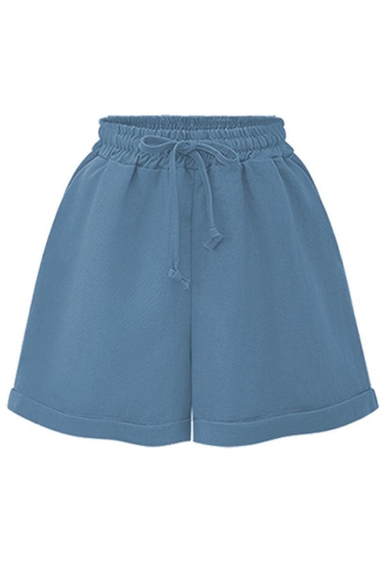 DRAWSTRING WAIST ROLLED SHORTS - Doublju