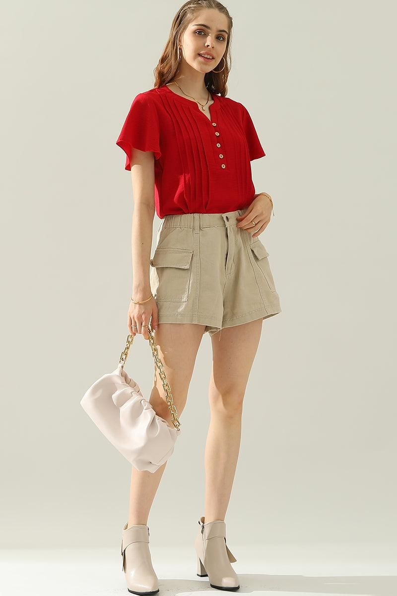 FLAT POCKET ELASTIC WAIST CARGO SHORTS - Doublju