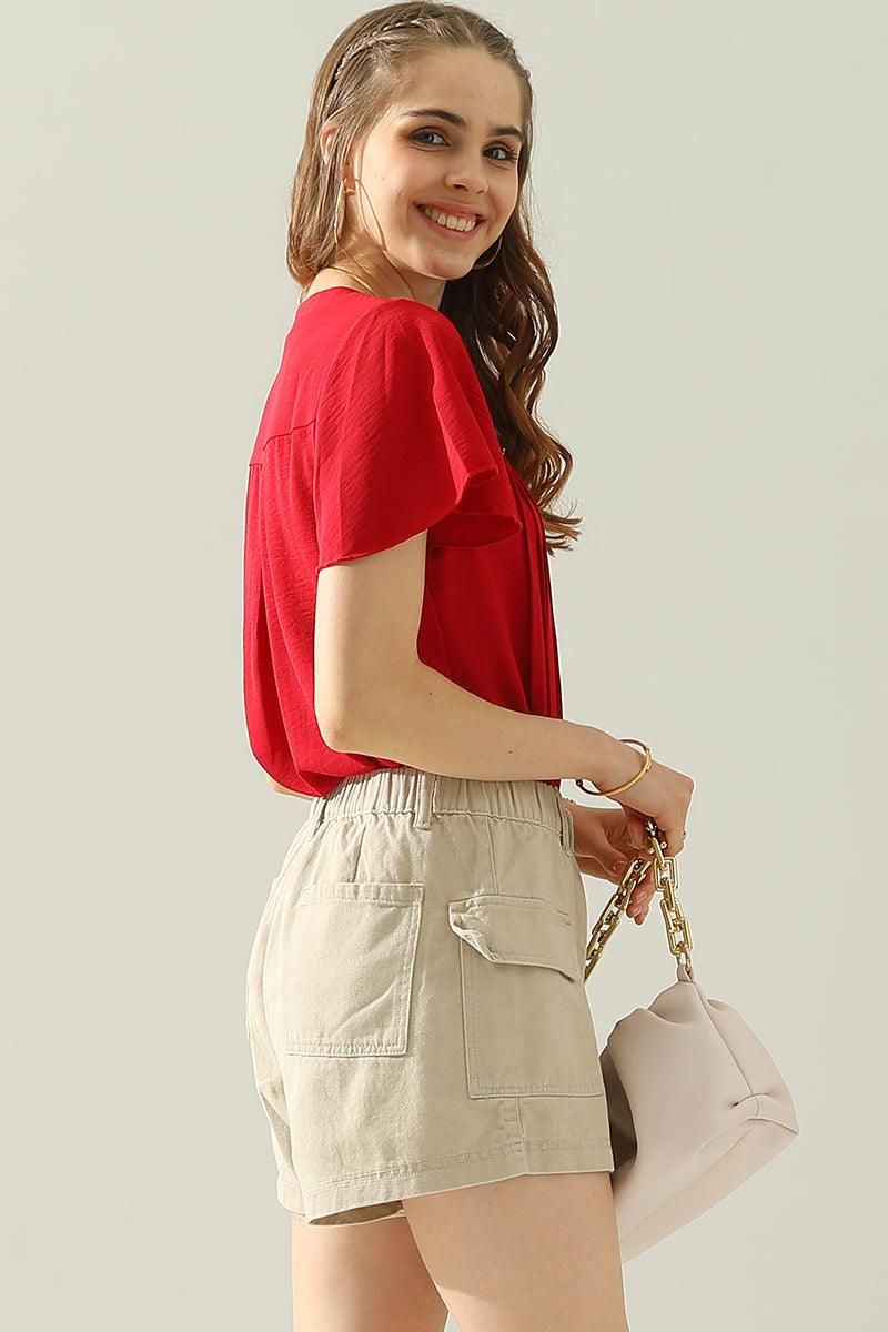 FLAT POCKET ELASTIC WAIST CARGO SHORTS - Doublju