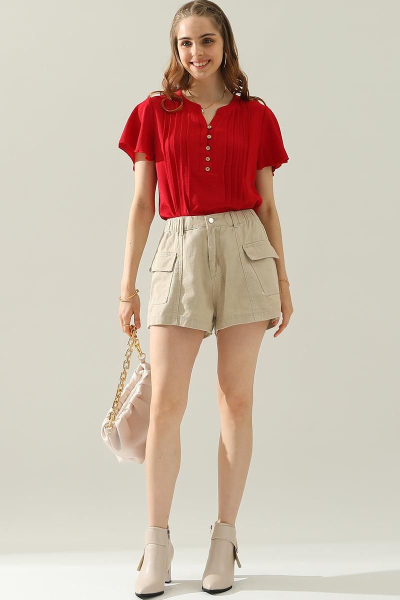 FLAT POCKET ELASTIC WAIST CARGO SHORTS - Doublju