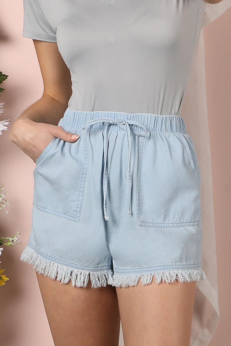 MINI FRINGE HEM SHORTS WITH DRAWSTRING WAIST - Doublju