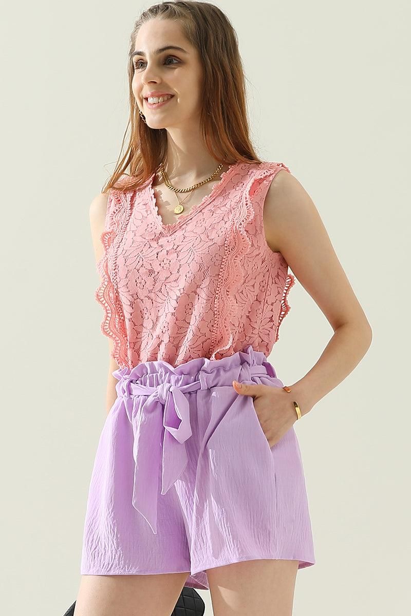 HIGH WAIST SHORTS PANTS WITH BELT AND POCKETS - Doublju