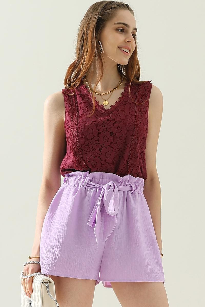 HIGH WAIST SHORTS PANTS WITH BELT AND POCKETS - Doublju