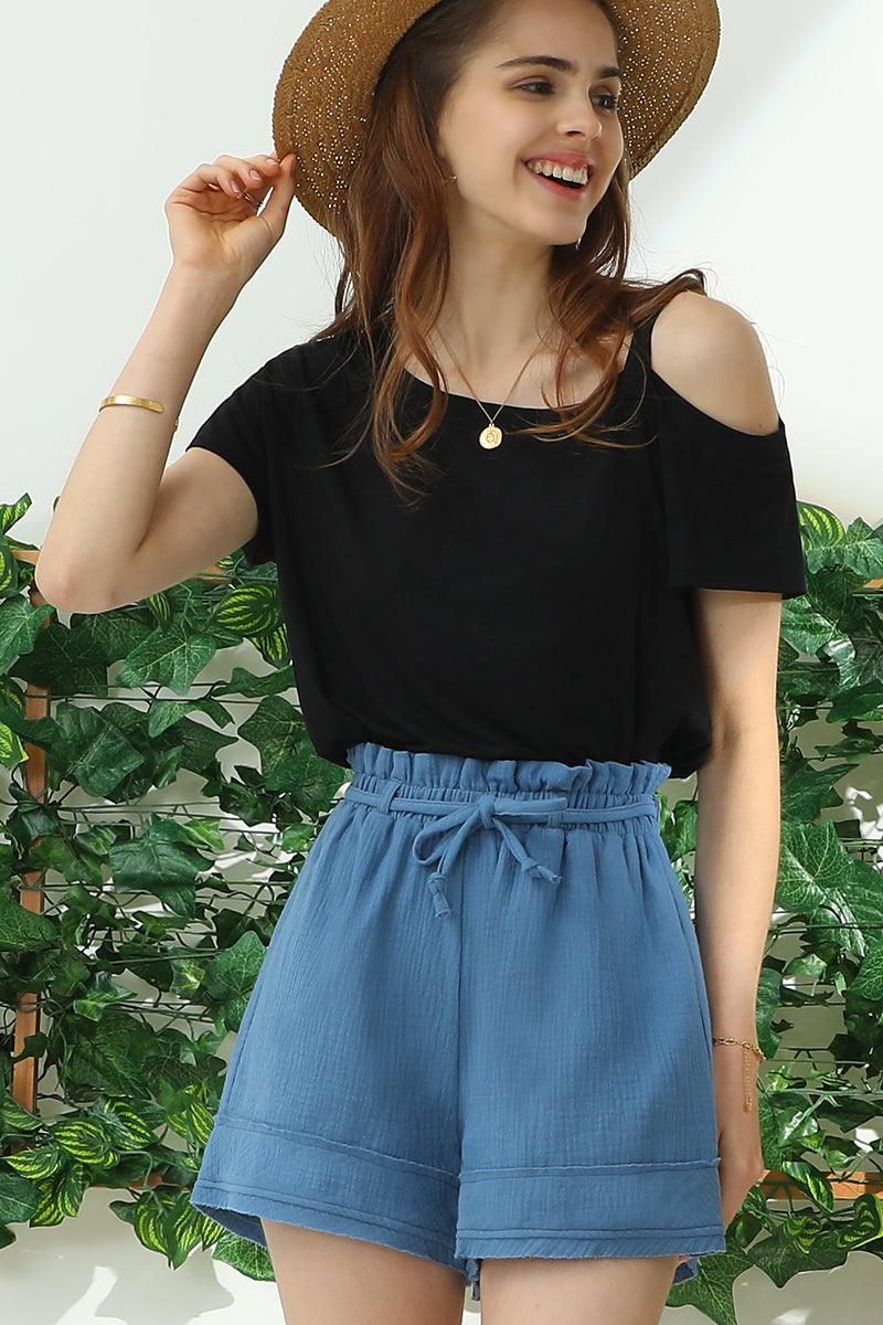 HIGH WAIST VINTAGE COTTON PANTS WITH RAW CUT - Doublju