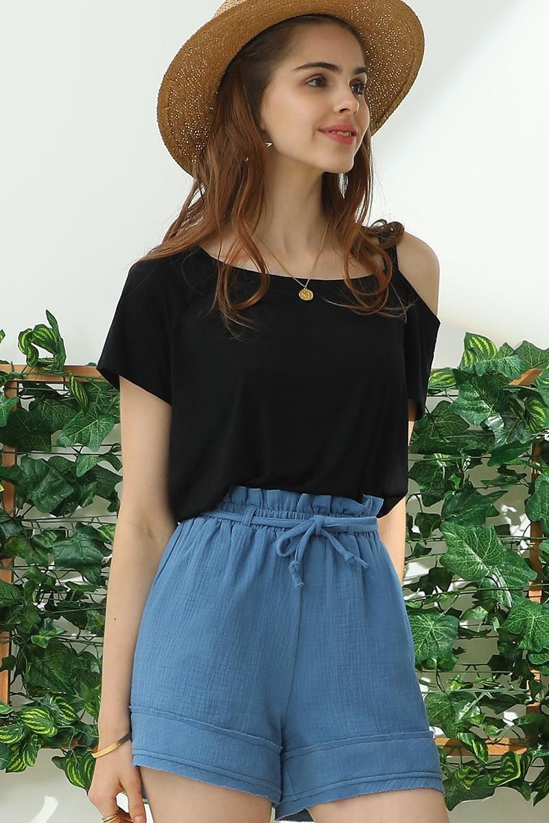 HIGH WAIST VINTAGE COTTON PANTS WITH RAW CUT - Doublju