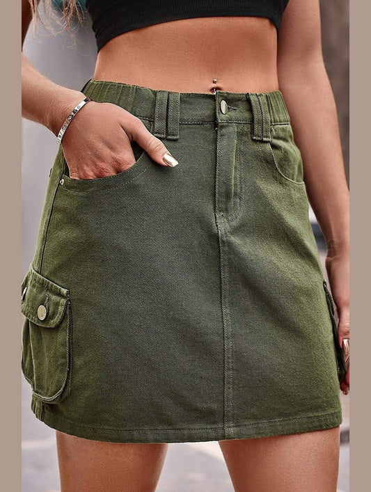 SIDE MINI POCKET ELASTIC WAIST CASUAL CARGO SKIRT - Doublju