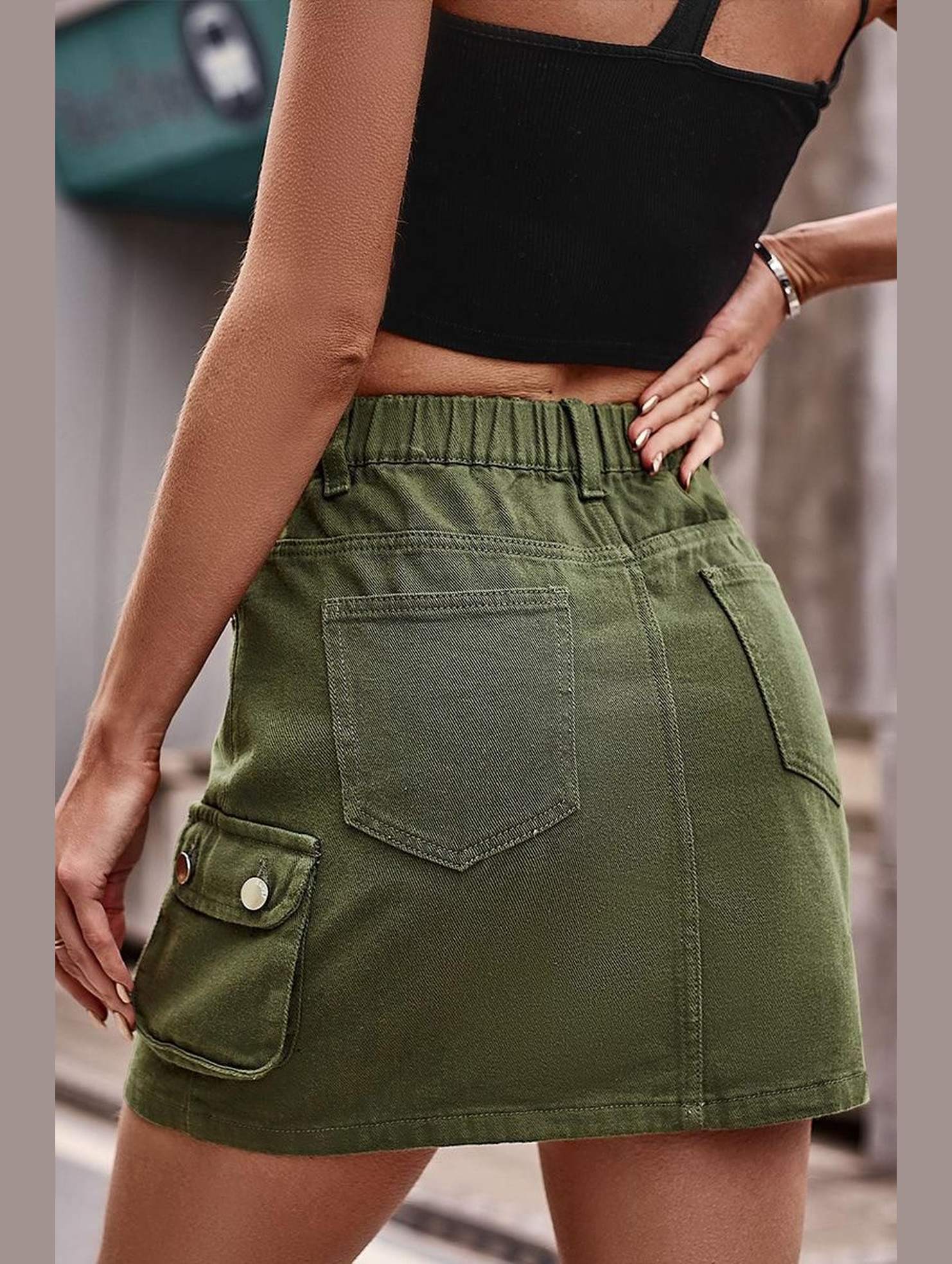 SIDE MINI POCKET ELASTIC WAIST CASUAL CARGO SKIRT - Doublju