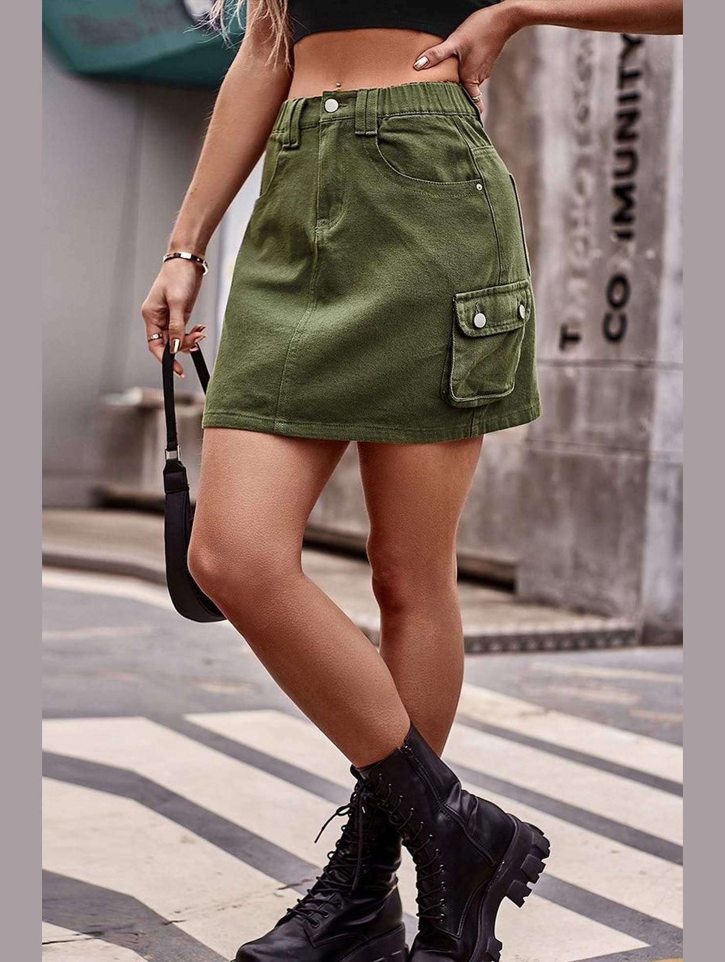 SIDE MINI POCKET ELASTIC WAIST CASUAL CARGO SKIRT - Doublju
