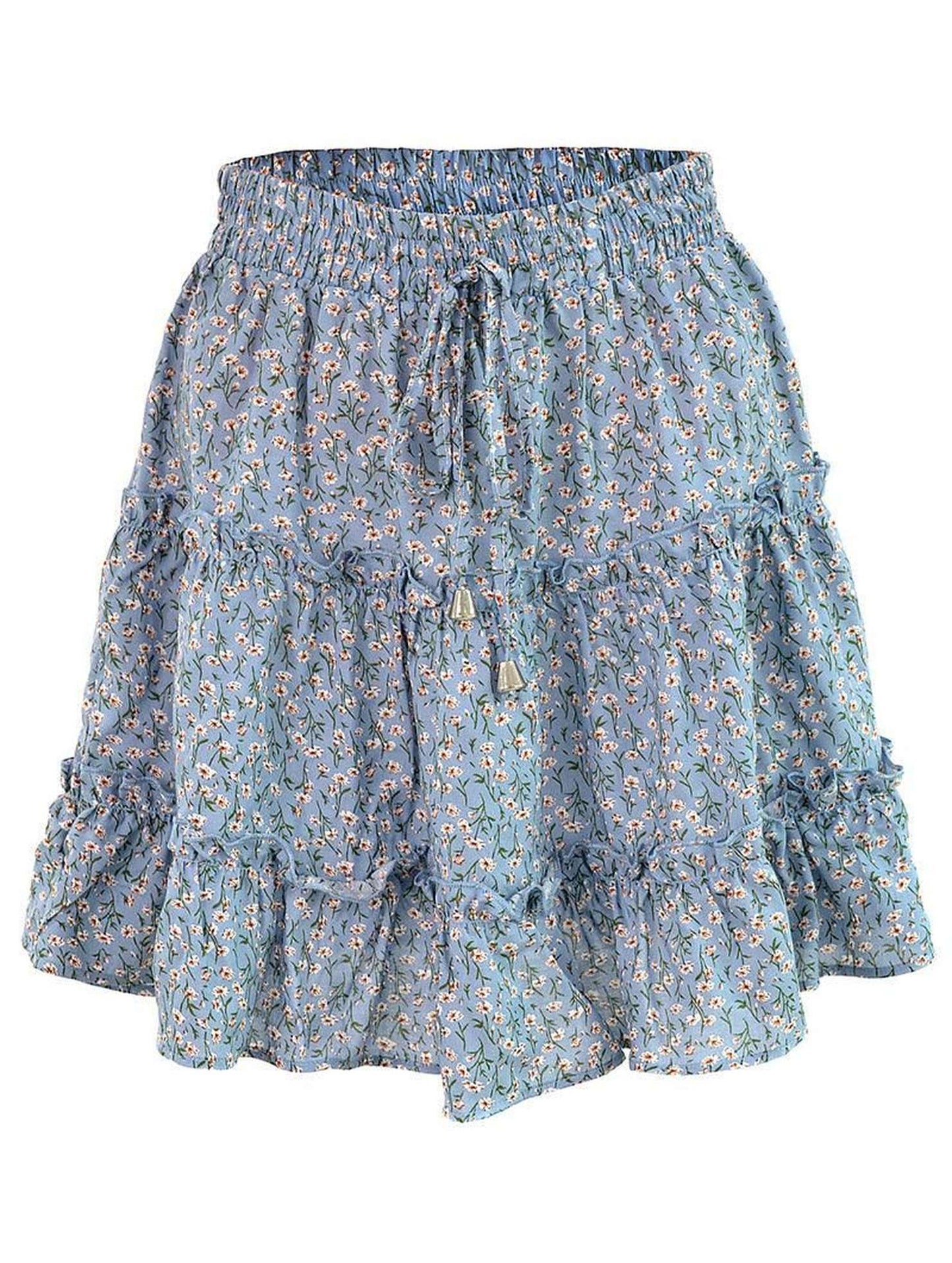 HIGH WAISTED RUFFLED FLORAL A LINE SHORT SKIRT - Doublju