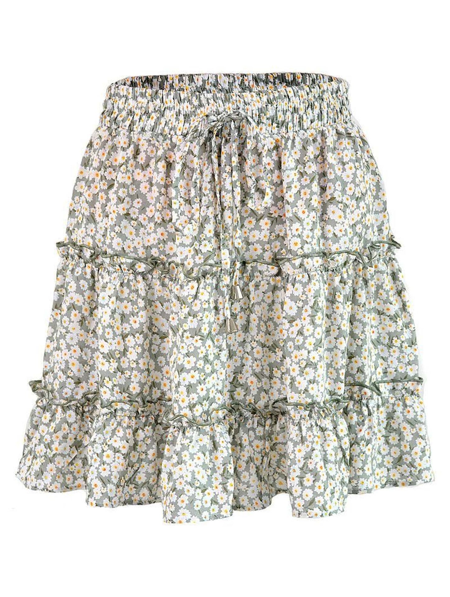 HIGH WAISTED RUFFLED FLORAL A LINE SHORT SKIRT - Doublju
