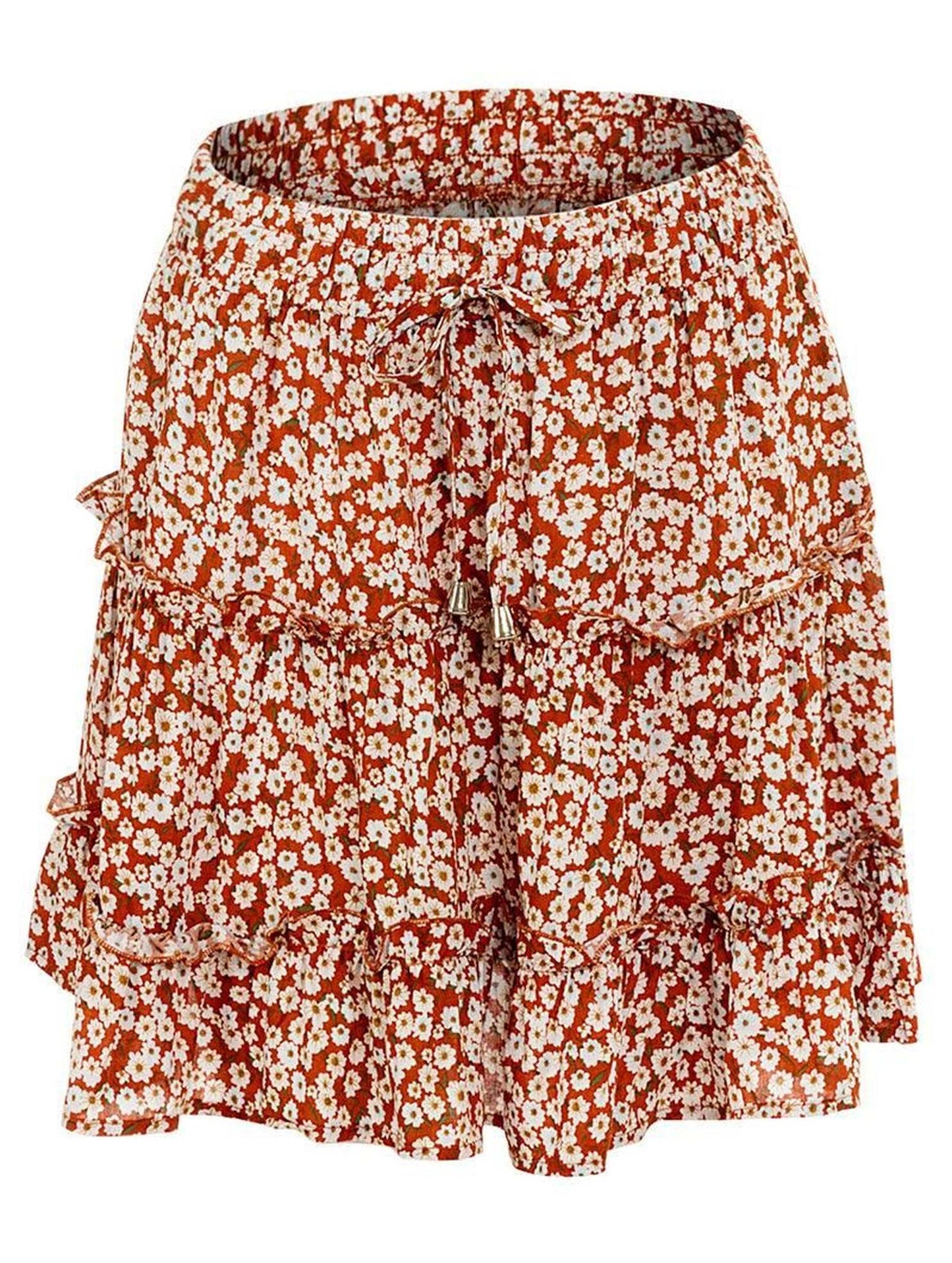 HIGH WAISTED RUFFLED FLORAL A LINE SHORT SKIRT - Doublju