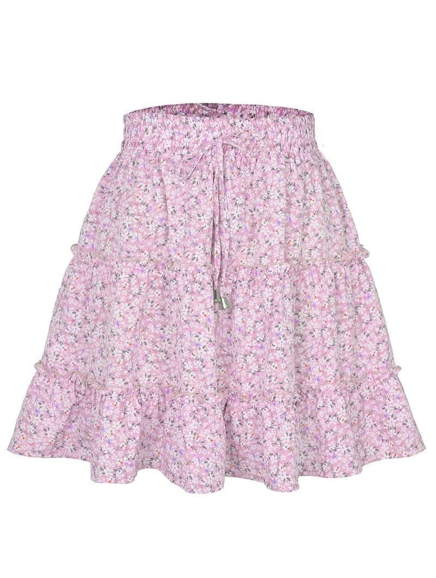 HIGH WAISTED RUFFLED FLORAL A LINE SHORT SKIRT - Doublju