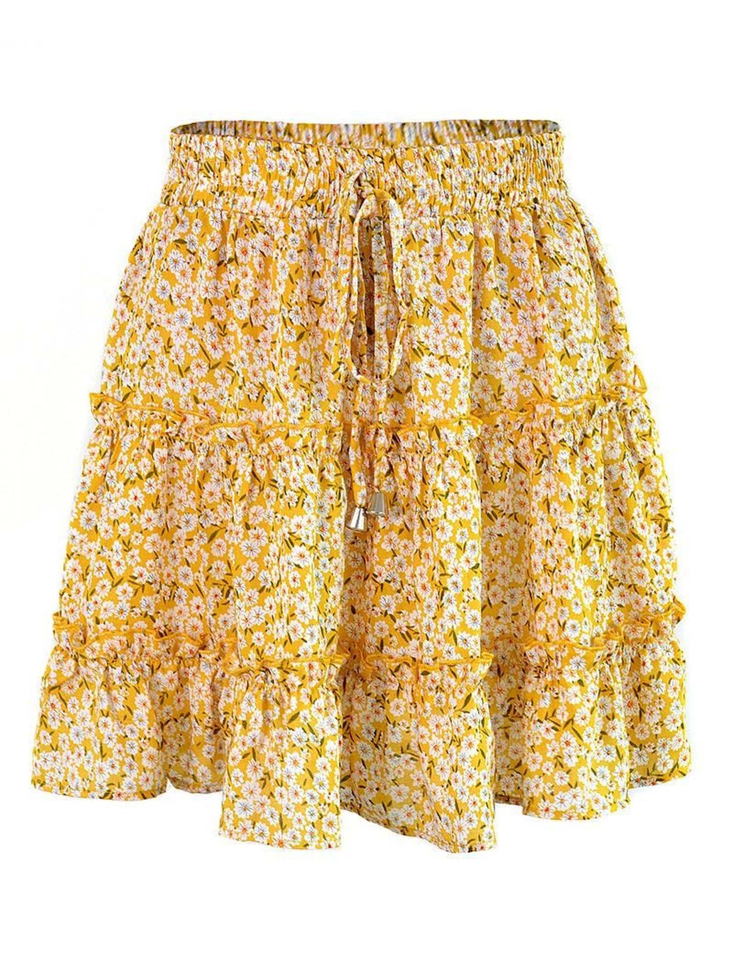 HIGH WAISTED RUFFLED FLORAL A LINE SHORT SKIRT - Doublju