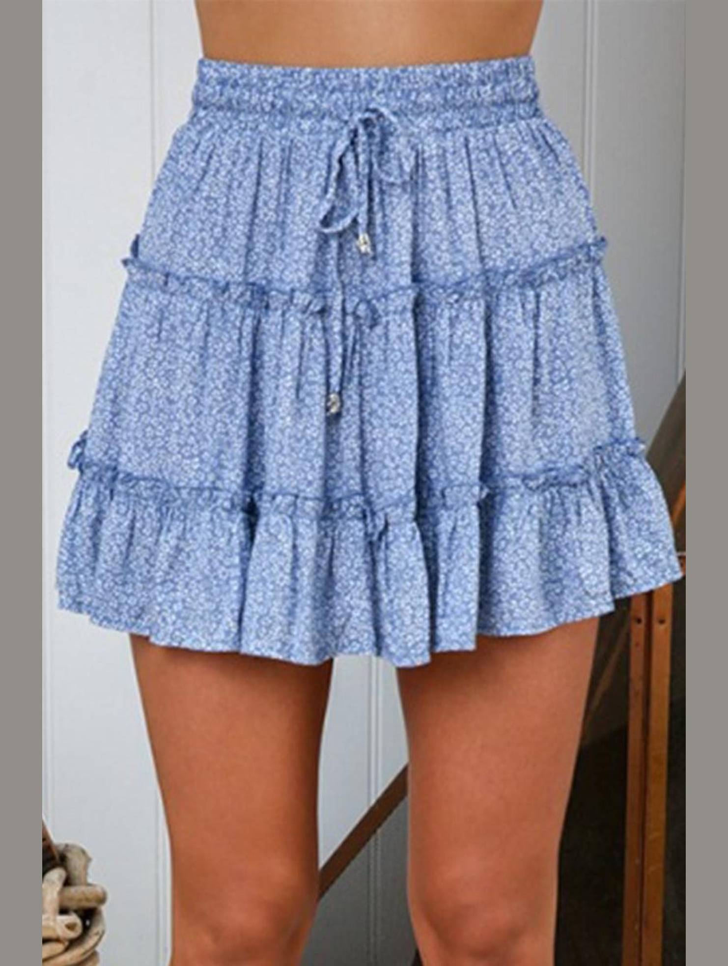 WOMEN HIGH WAISTED RUFFLED FLORAL A LINE SKIRT - Doublju