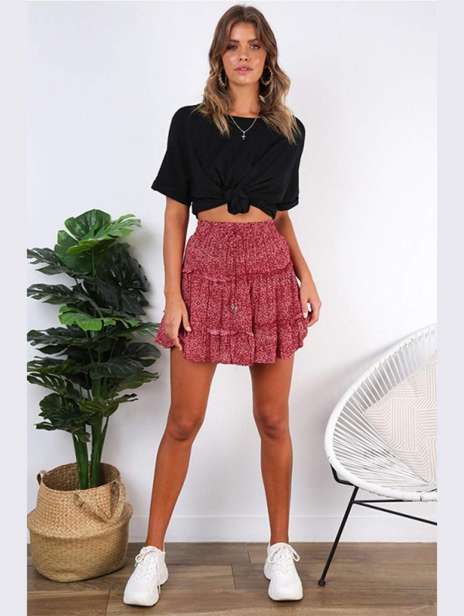 WOMEN HIGH WAISTED RUFFLED FLORAL A LINE SKIRT - Doublju