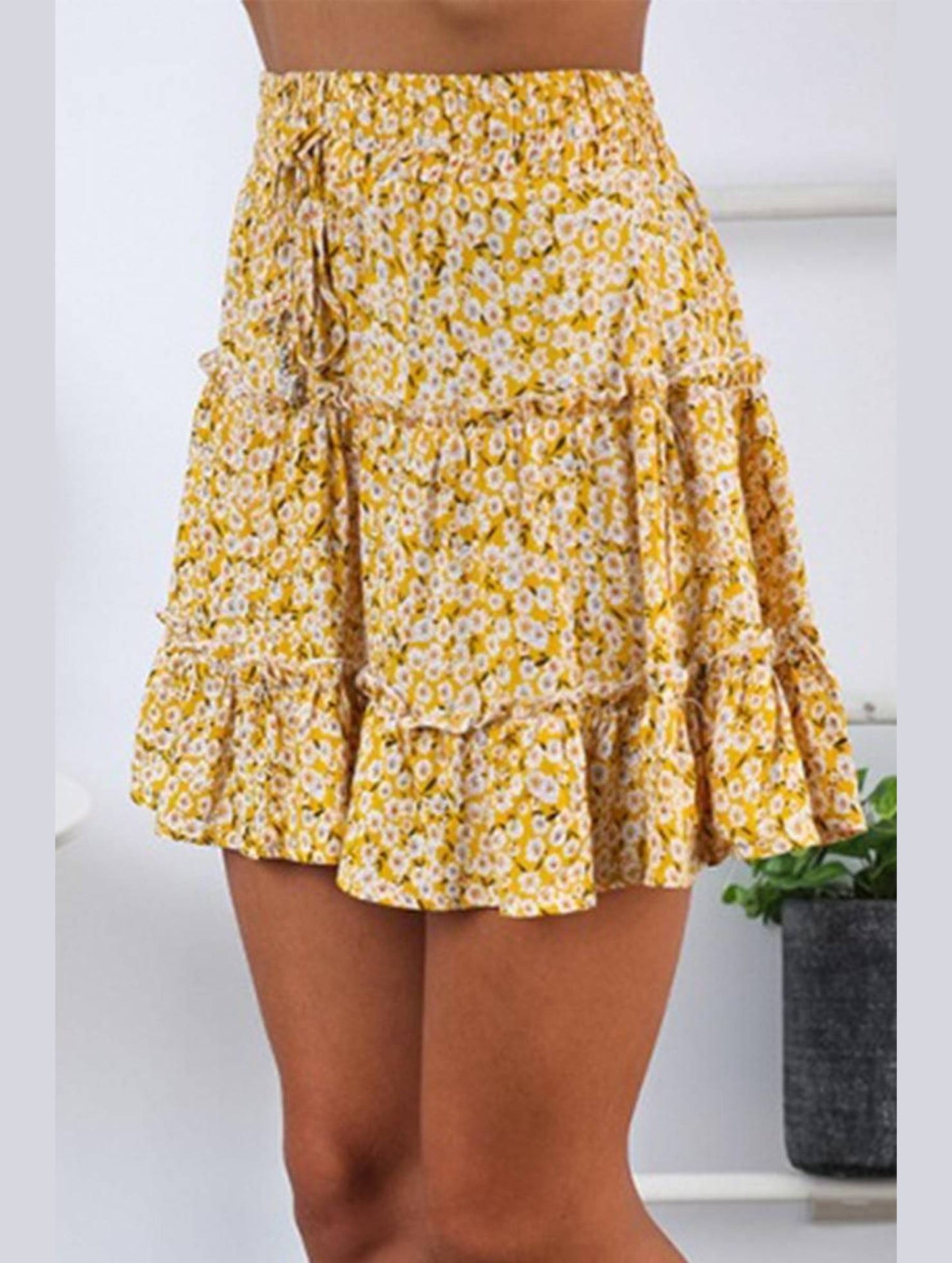 WOMEN HIGH WAISTED RUFFLED FLORAL A LINE SKIRT - Doublju