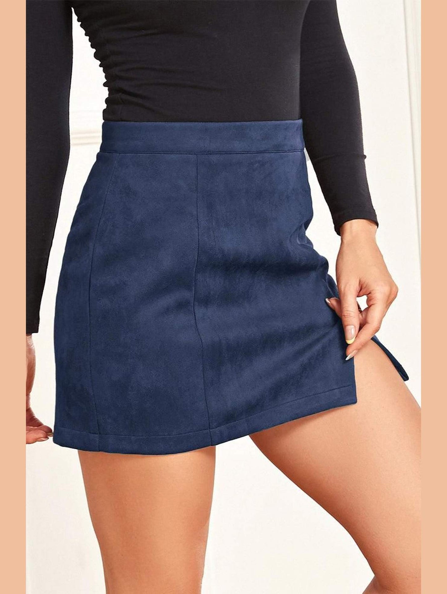 WOMENS HIGH WAIST FAUX SUEDE ZIPPER MINI SKIRT - Doublju