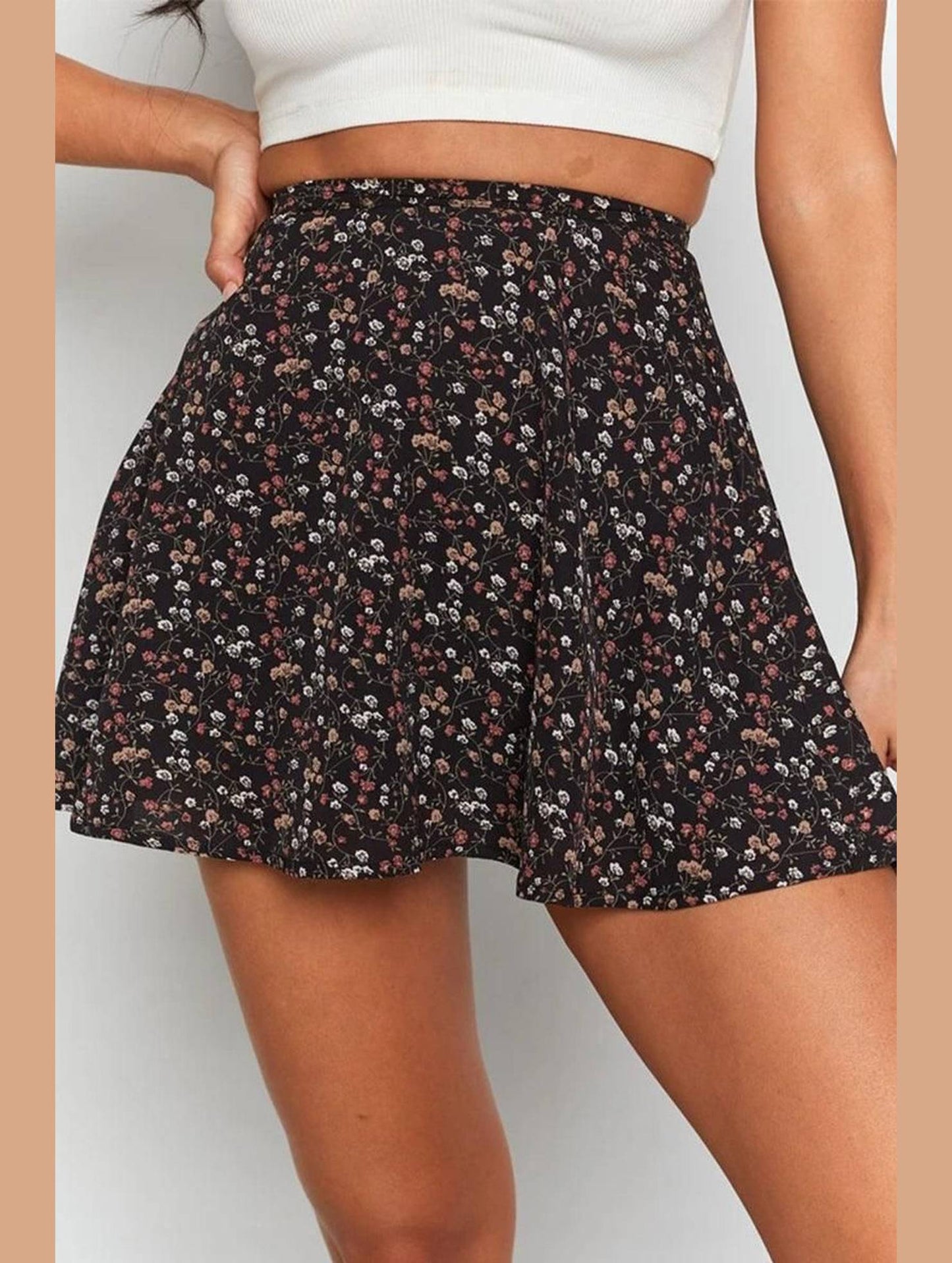 SUMMER HIGH WAISTED CHIFFON FLORAL MINI SKIRT - Doublju